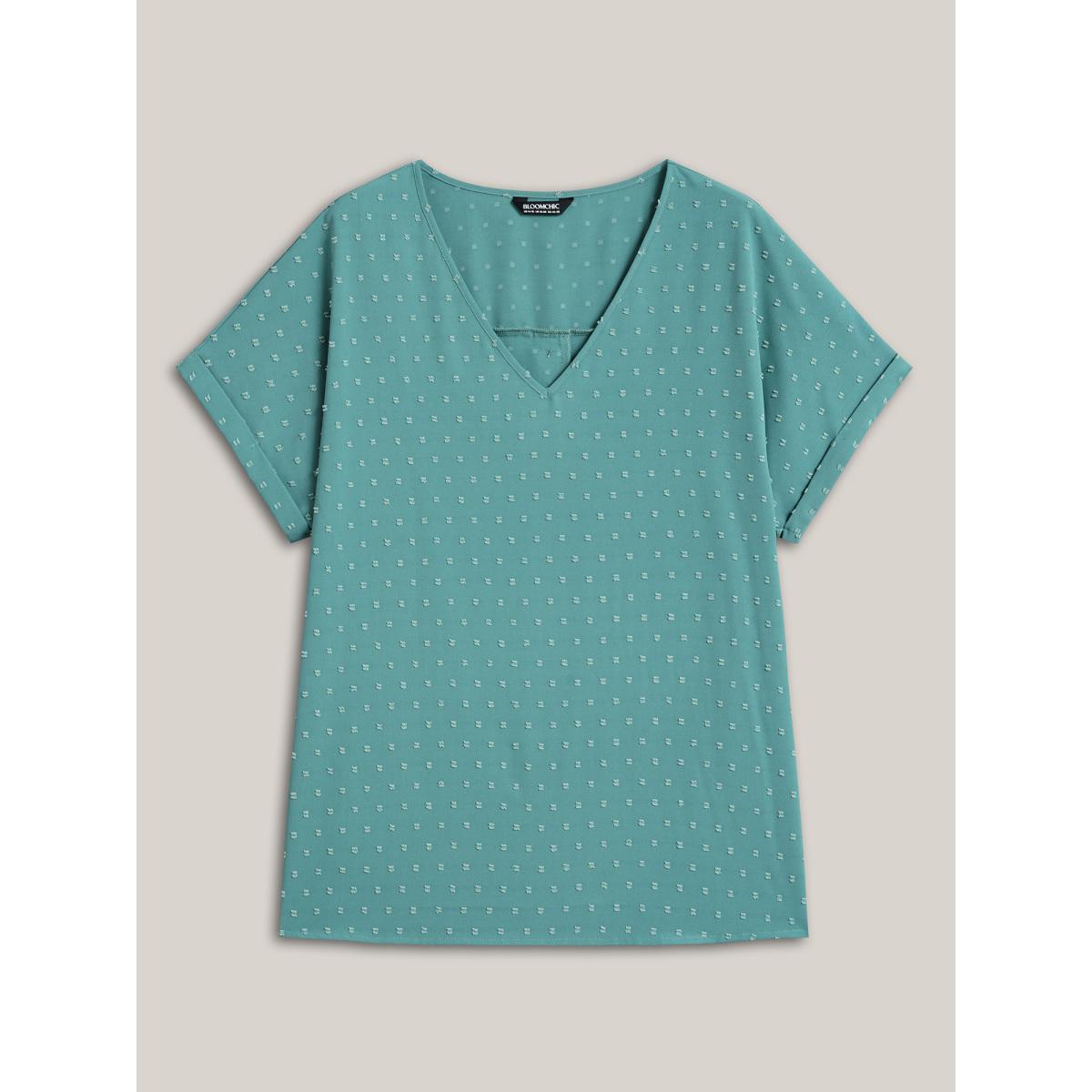 Plus Size Teal Back-Button Textured V-Neck Shirt Women Timeless Short sleeve V-neck Elegant Blouses BloomChic 28/5X Product Image