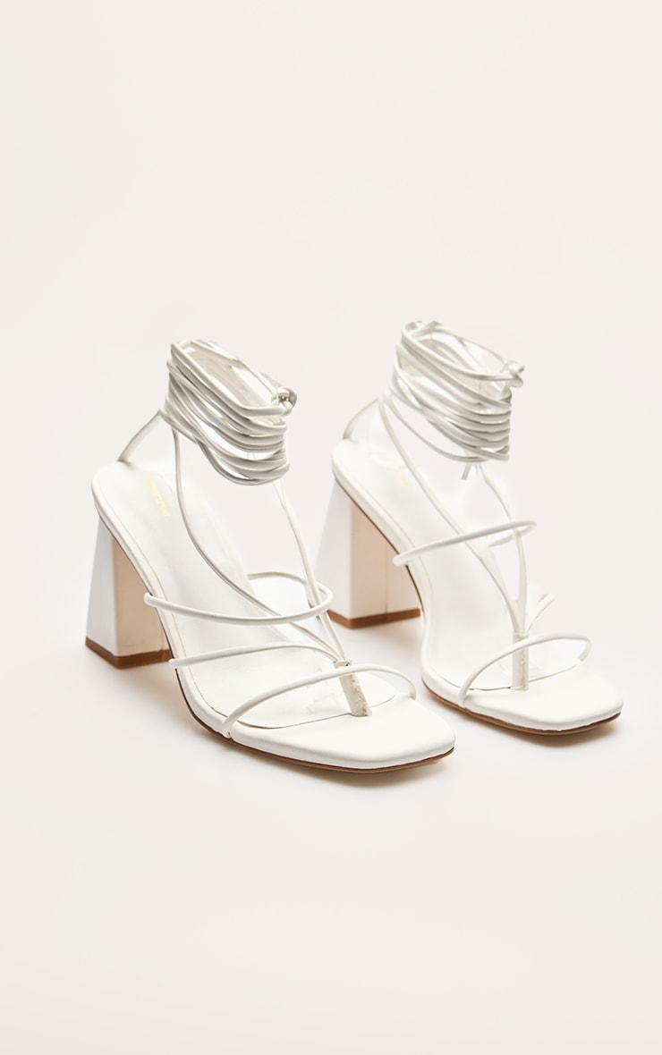 White Pu Square Toe Thong Strappy Lace Up Block Heeled Sandals Product Image