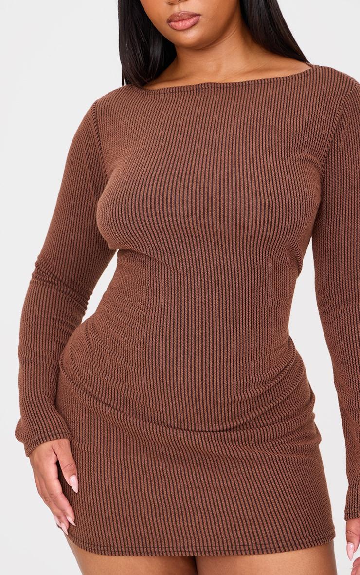 Plus Chocolate Slash Neck Long Sleeve Ribbed Mini Dress Product Image