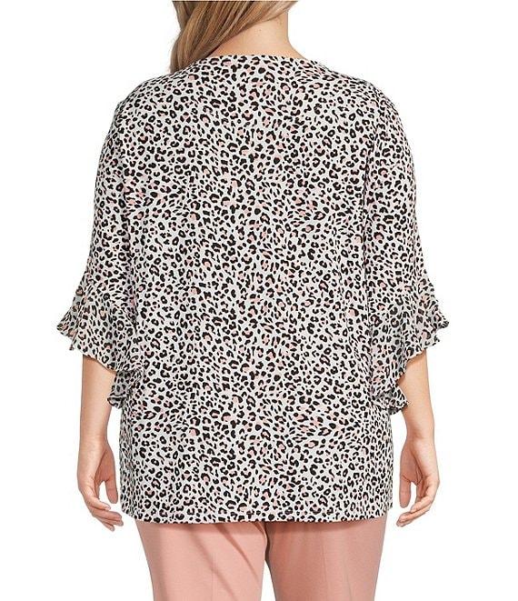 Multiples Plus Size Slub Knit Georgette Animal Print Scoop Neck 3/4 Flounce Sleeve Fitted Top Product Image
