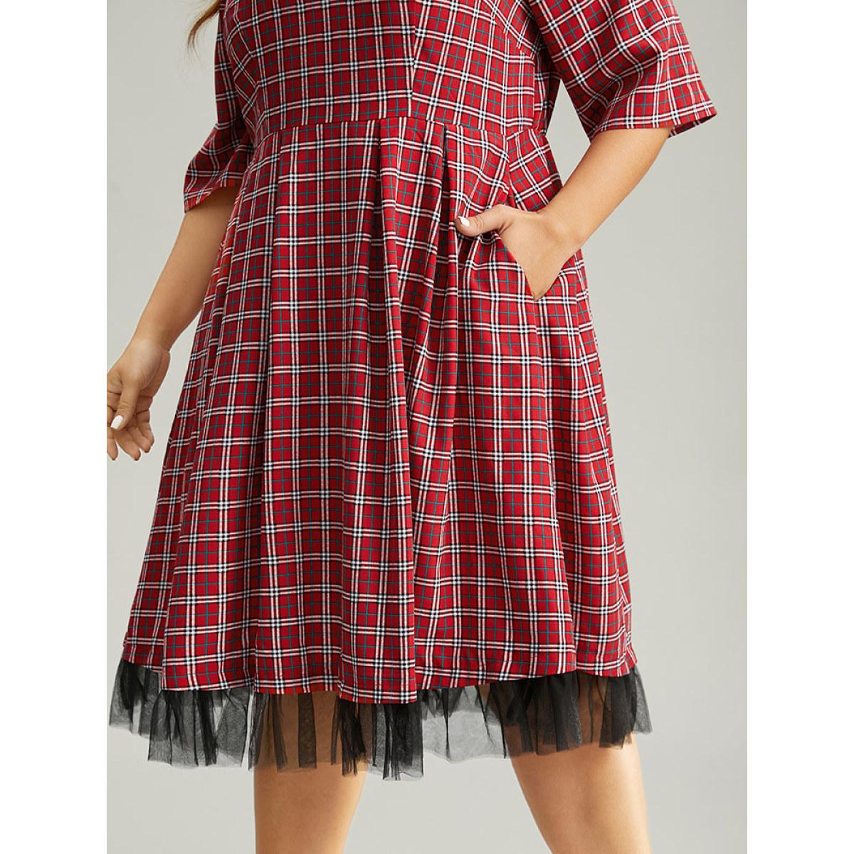 Plus Size Christmas Plaid Mesh Patchwork Pleated Dress Multicolor Women Office Printed Round Neck Half Sleeve Curvy Midi Dress BloomChic 30/6X Product Image