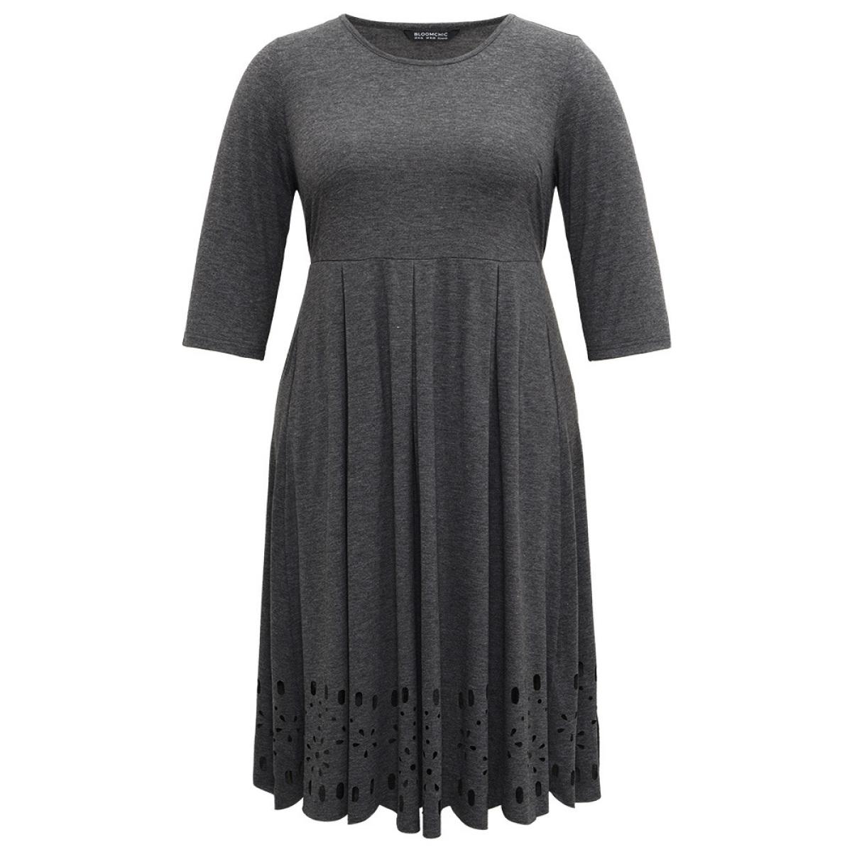 Plus Size Plain Elastic Waist Laser Cut Crew Neck Dress Gray Women Casual Plain Round Neck Elbow-length sleeve Curvy Midi Dress BloomChic 22-24/3X Product Image