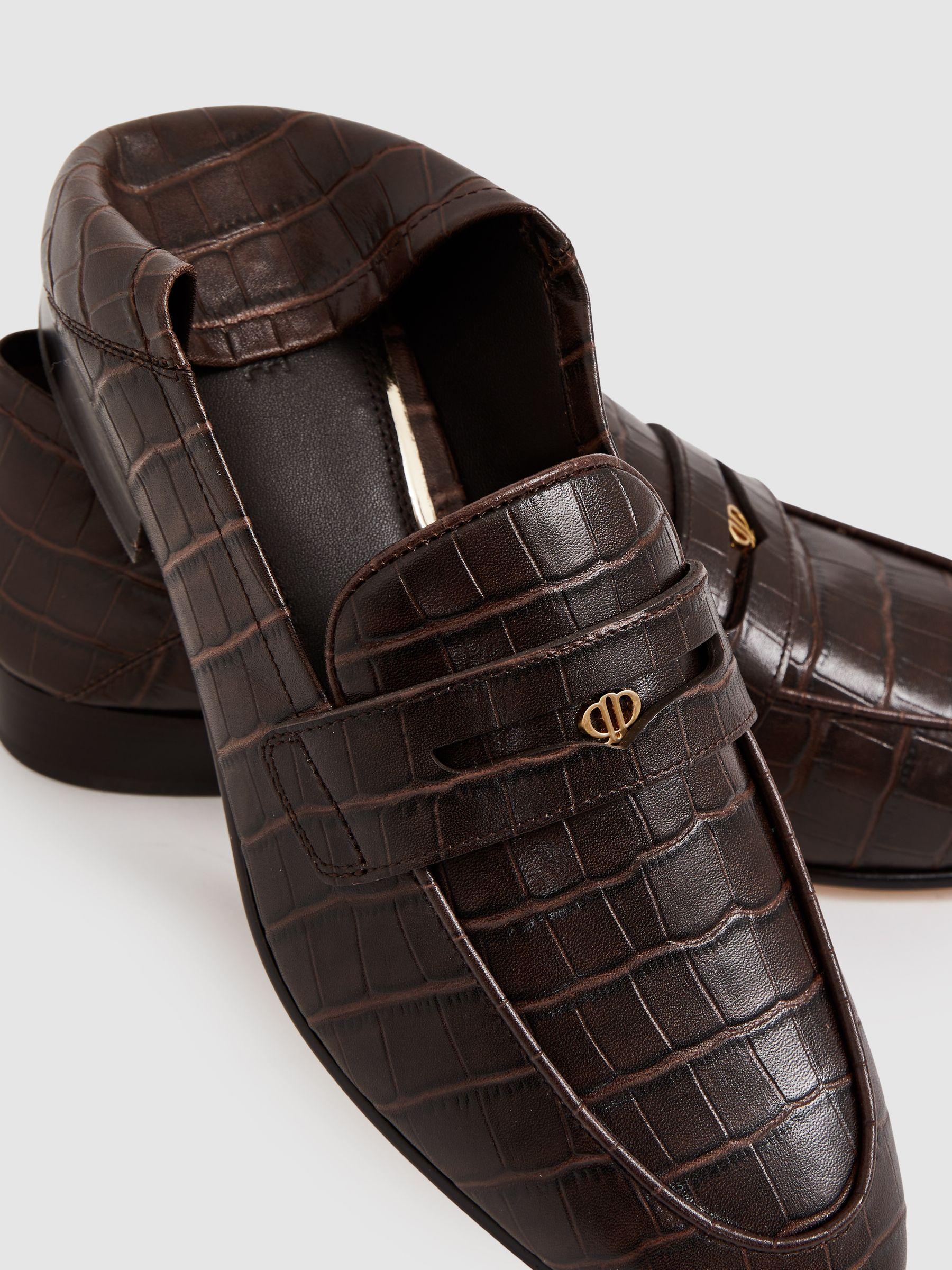 Paige Leather Crocodile-Embossed Penny Loafers in Chocolate Product Image