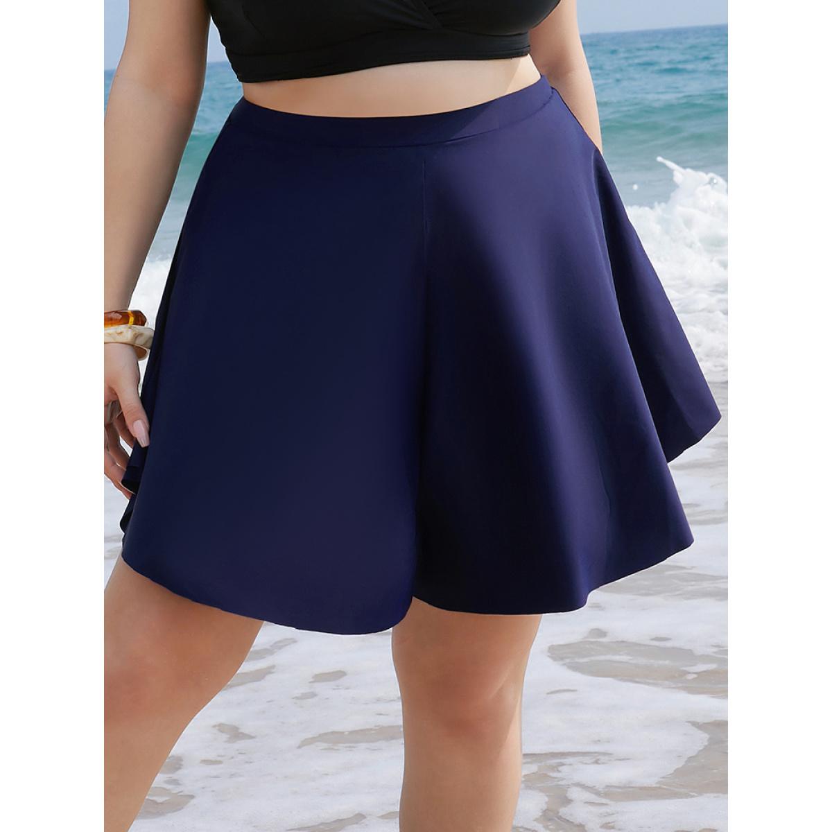 Plus Size Plain Loose High Waist Swim Shorts Women's Swimwear Indigo Vacation Plain High stretch High Rise Curve Swim Bottoms BloomChic 28/5X Product Image