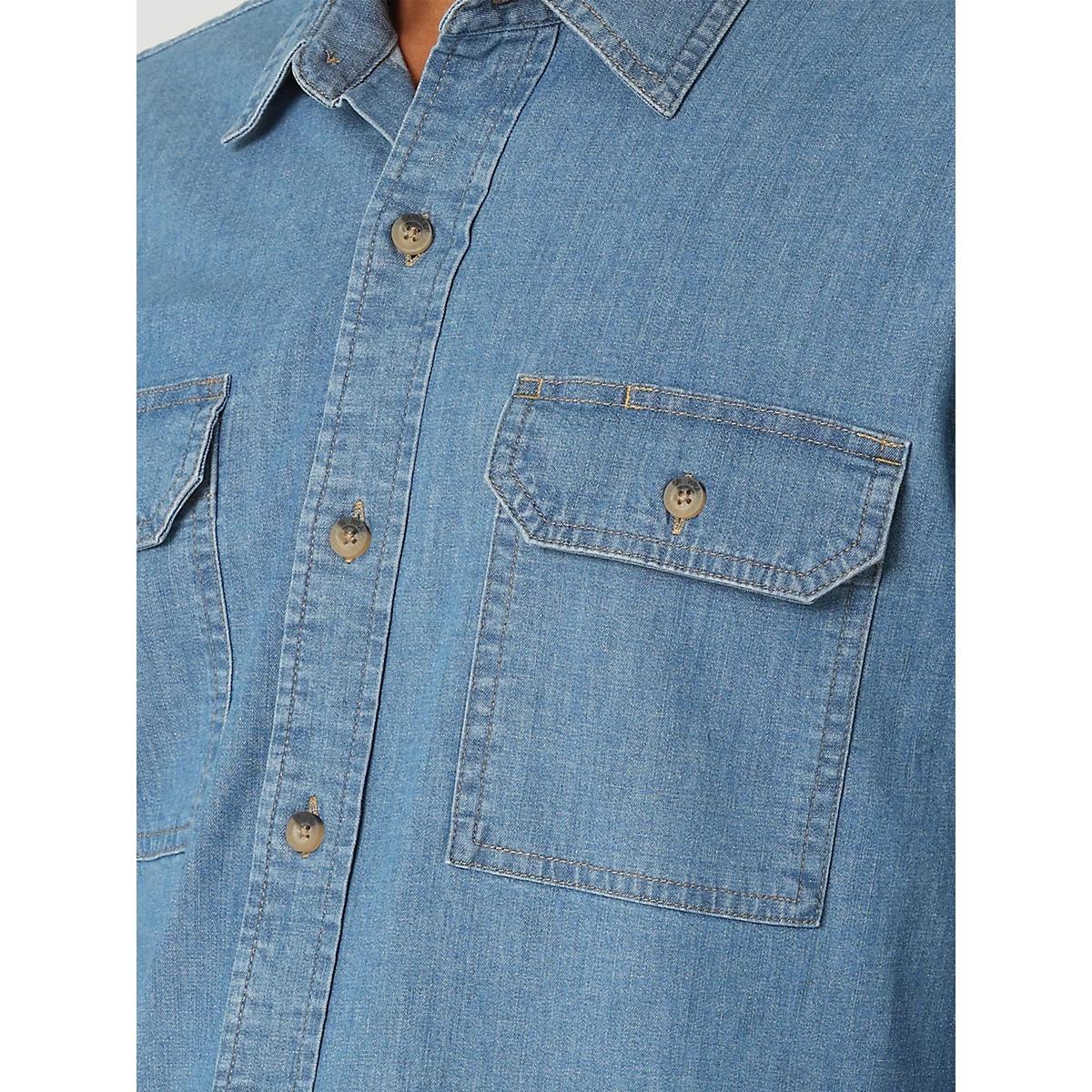 Men’s Wrangler® Long Sleeve Twill/Denim Shirt in Light Wash Product Image