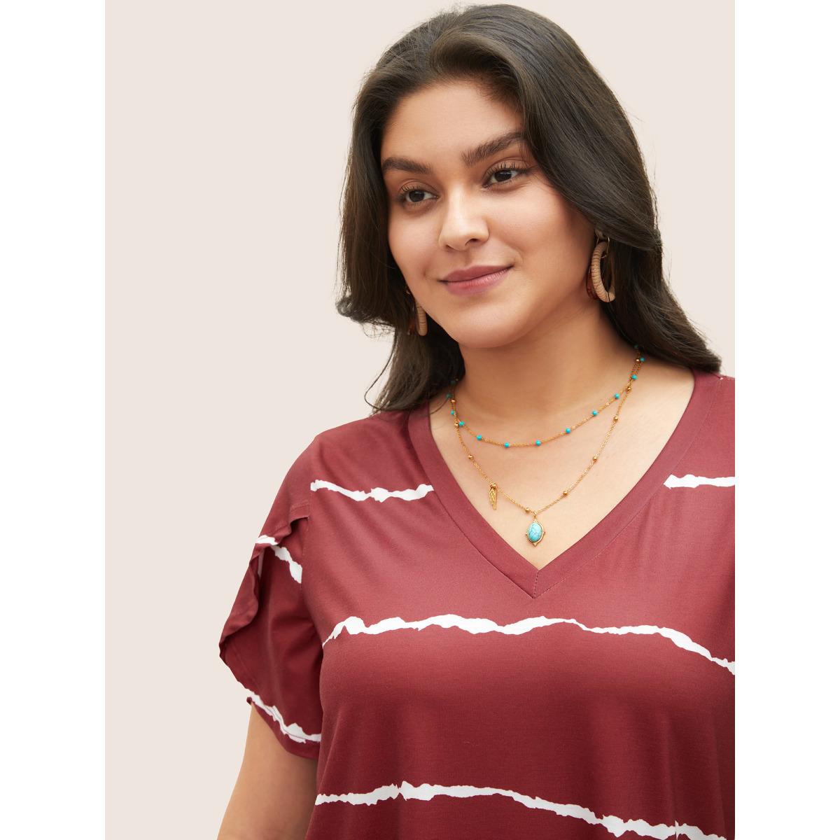 Plus Size Striped Contrast Petal Sleeve T-shirt Scarlet Women Elegant Striped Everyday T-shirts BloomChic 10/M Product Image