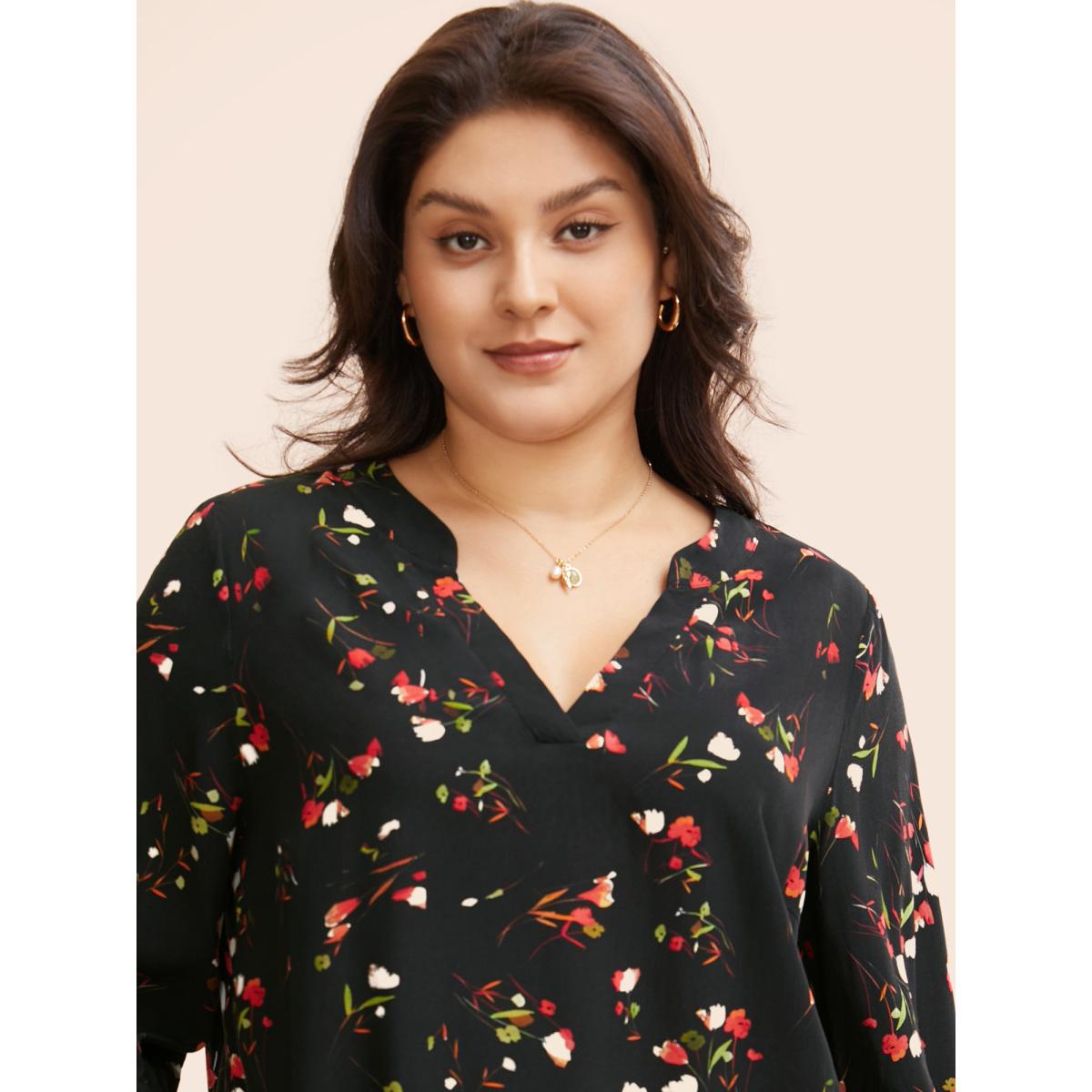 Plus Size Black Floral Notched Pleated Lantern Sleeve Blouse Women Elegant Elbow-length sleeve Flat collar with V-notch Everyday Blouses BloomChic 12/L Product Image