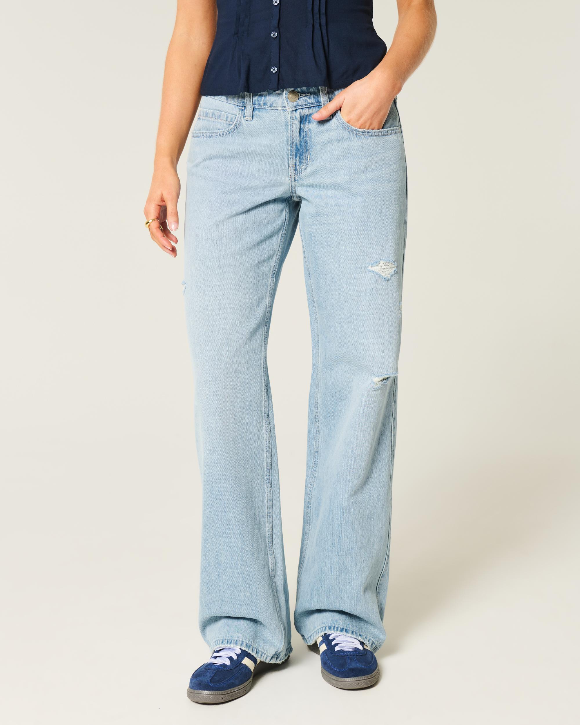 Low-Rise Distressed Light Wash Baggy Jeans Product Image