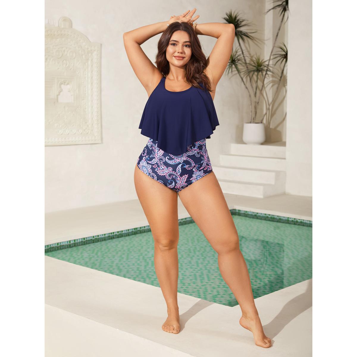 Plus Size Paisley Print Ruched One-Piece Swimsuit Women's Swimwear Indigo Resort Gathered Curve Bathing Suits High stretch One Pieces BloomChic 22-24/3X Product Image