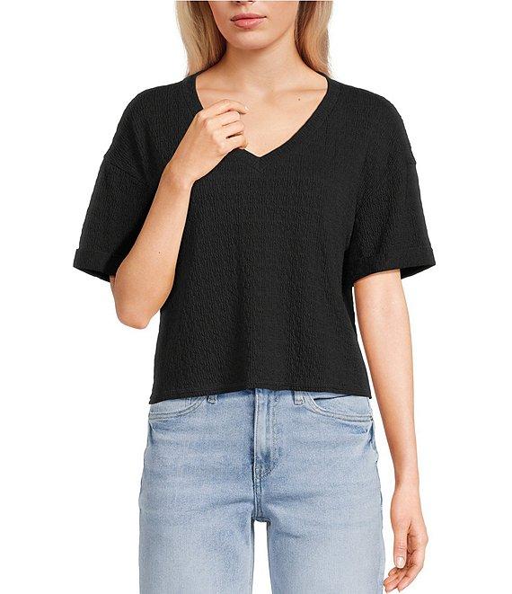 Moa Moa Striped V-Neck Short Sleeve Cropped Top Product Image