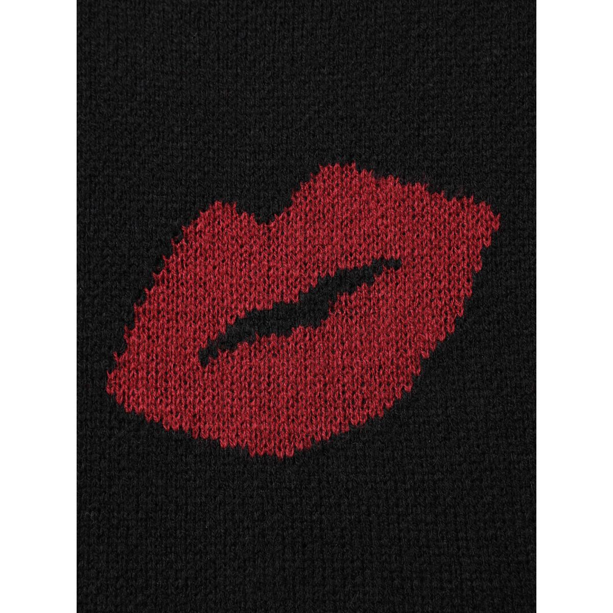 Plus Size Lip Print Contrast Knit Pullover Black Women Casual Loose Long Sleeve V-neck Everyday Pullovers BloomChic 14-16/1X Product Image