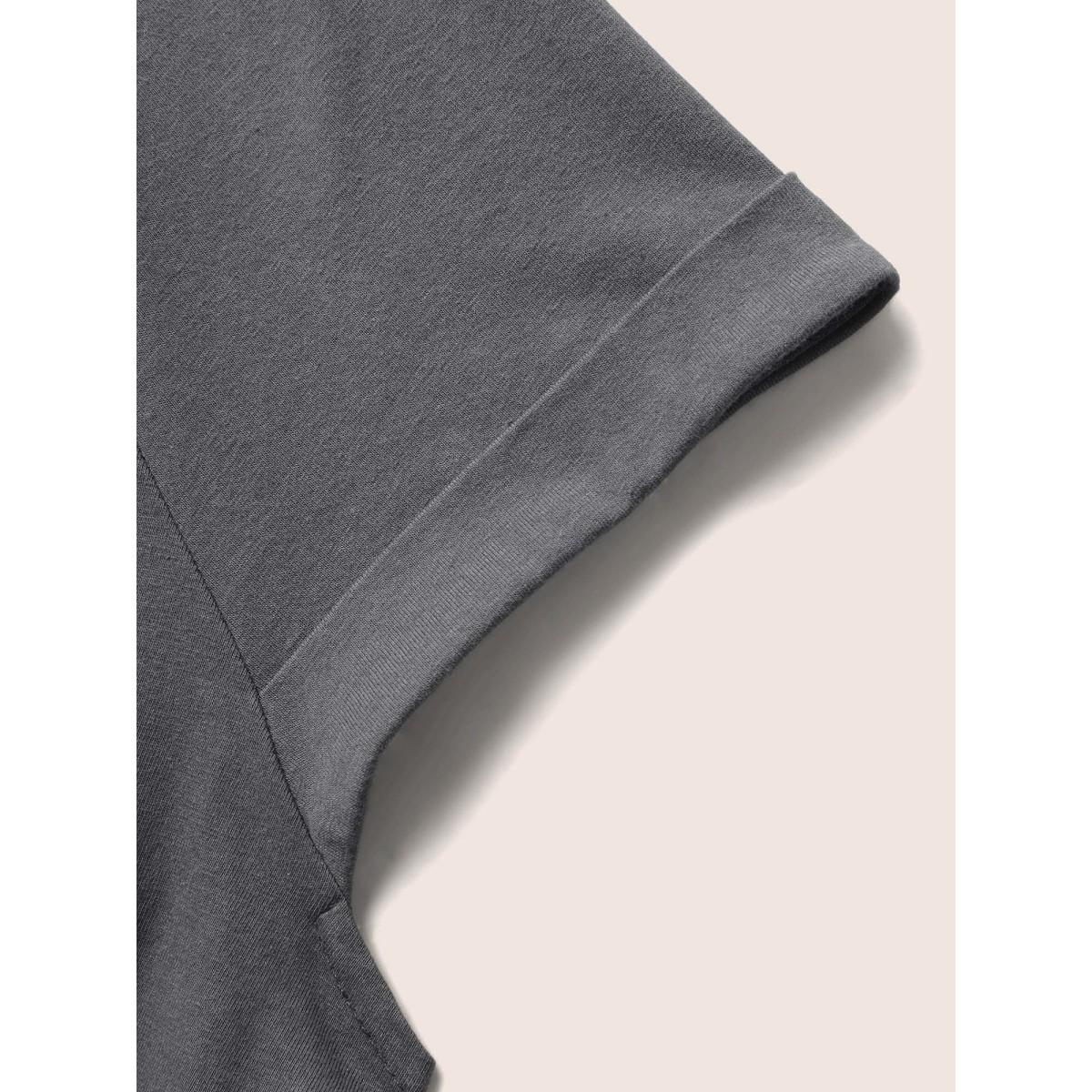 Plus Size Cotton Solid Crew Neck Roll Sleeve T-shirt DimGray Women Casual Roll Hem Round Neck Everyday T-shirts BloomChic 26/4X Product Image