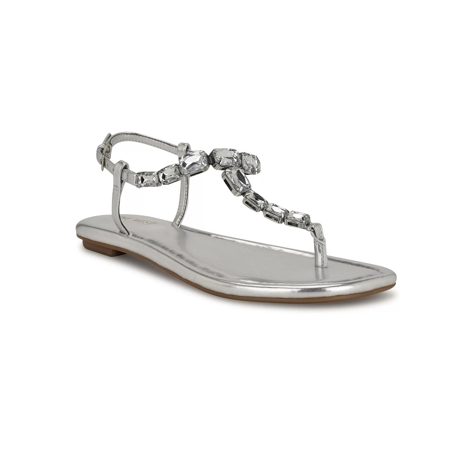 Nine West Dynasti Women's Square Toe Flat Embellished Sandals, Size: 7.5, Silver Product Image