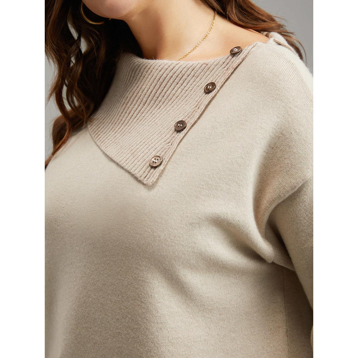 Plus Size Supersoft Essentials Asymmetrical Neck Button Detail Pullover LightBrown Women Leisure Loose Long Sleeve Asymmetrical Neck Casual Pullovers BloomChic 14-16/1X Product Image