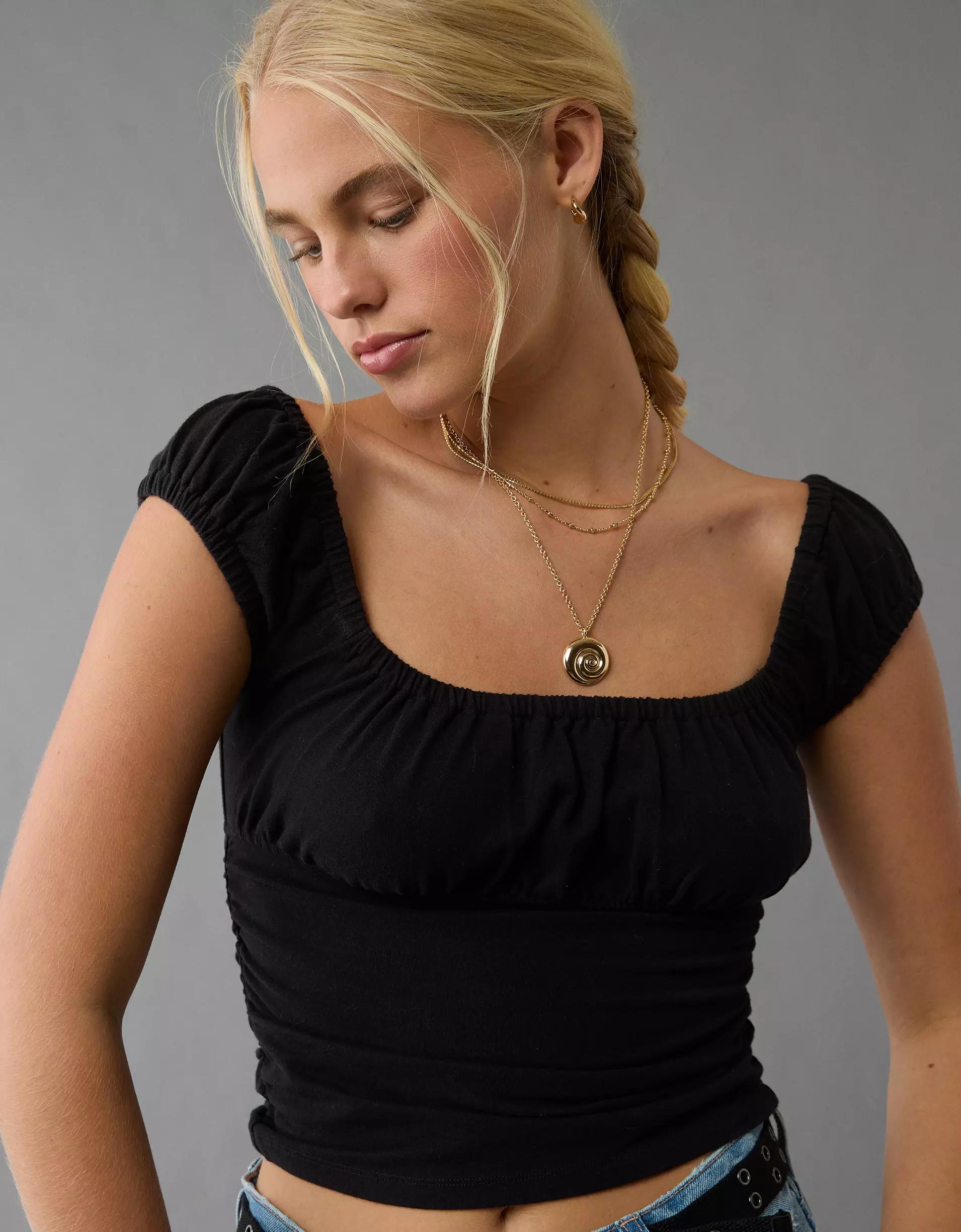 AE Ruched Square Neck T-Shirt Product Image