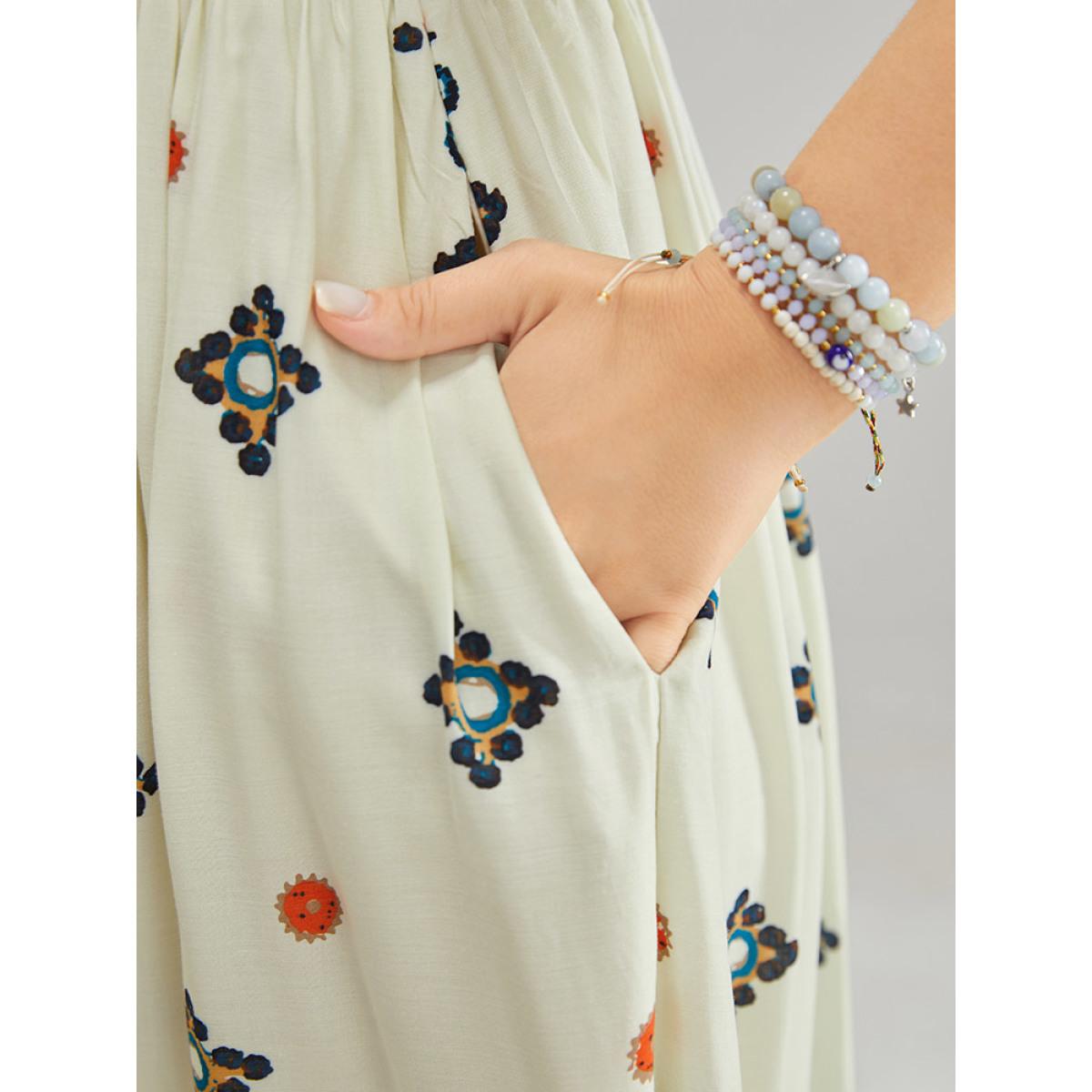 Plus Size Bandana Print Square Neck Pocket Shirred Frill Trim Split Dress Multicolor Women Vacation Frill Trim Square Neck Short sleeve Curvy Midi Dress BloomChic 10/M Product Image