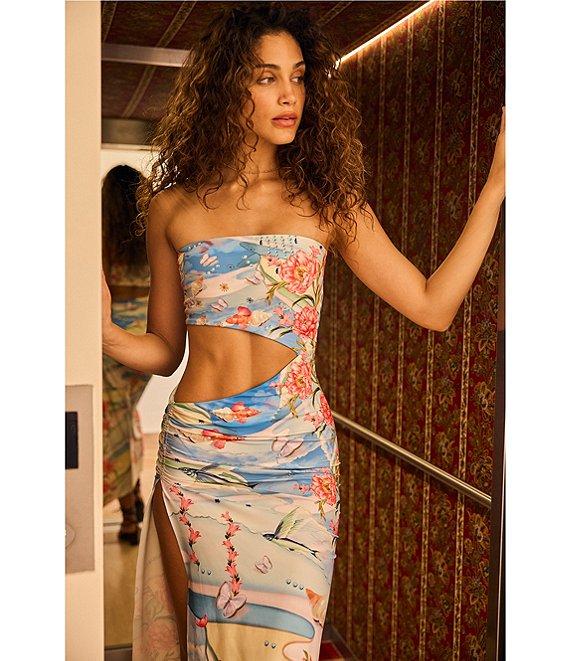 Agua Bendita Gwen Floral Placement Print Strapless Sleeveless Cutout Midi Dress Product Image