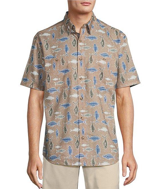 Roundtree & Yorke The Charter Performance Vented Chambray Short Sleeve Fish Print Fishing Sport Shirt Product Image