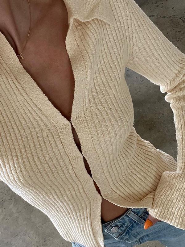 Solid Color Ribbed Flare Design Long Sleeve Shirt Product Image