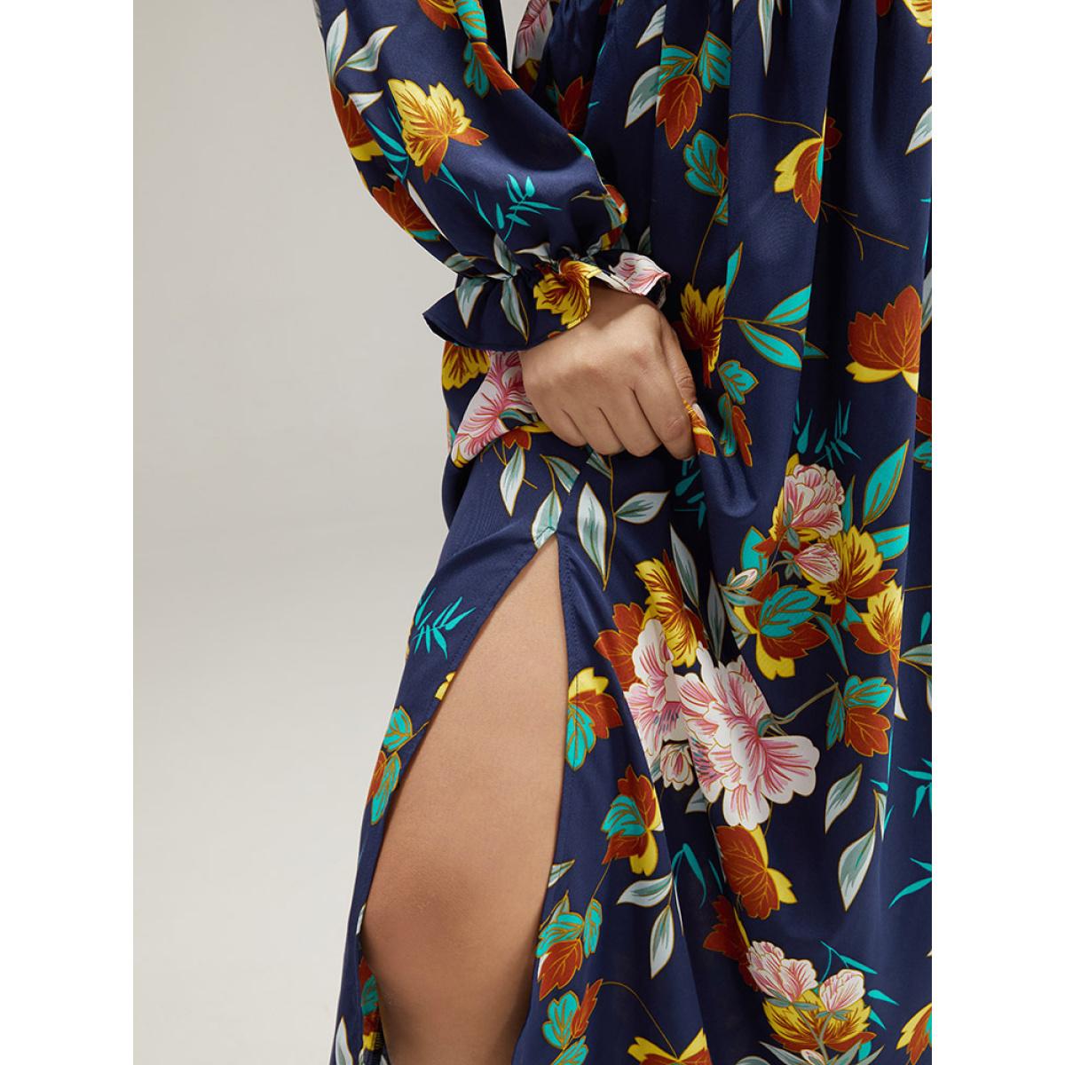 Plus Size Floral Print Split Side Ruffle Trim Dress Navy Women Elegant Printed V-neck Long Sleeve Curvy Midi Dress BloomChic 22-24/3X Product Image