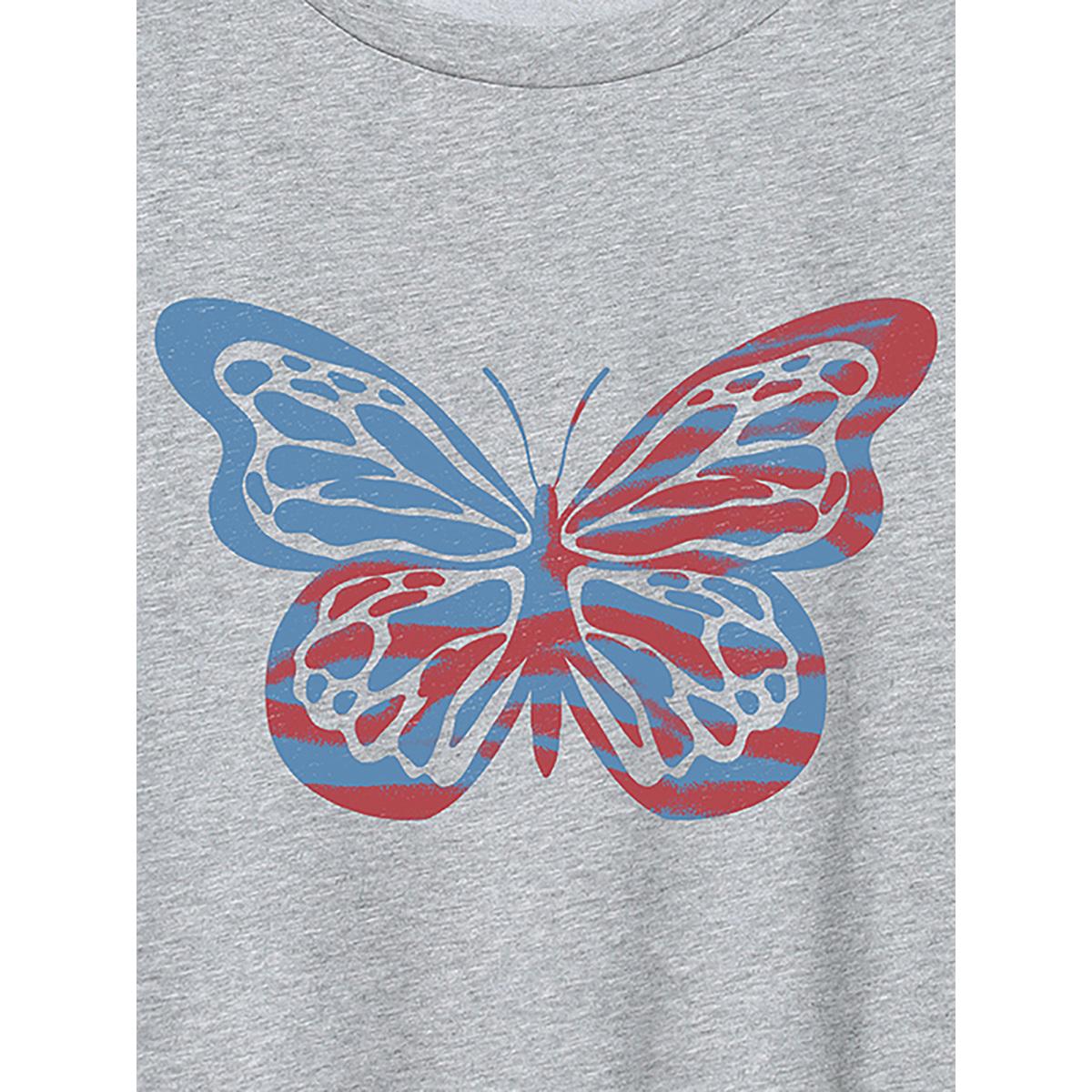 Plus Size Colorful Butterfly Print Round Neck T-Shirt Mediumgray Women Non Country Round Neck Casual T-shirts BloomChic 10/M Product Image