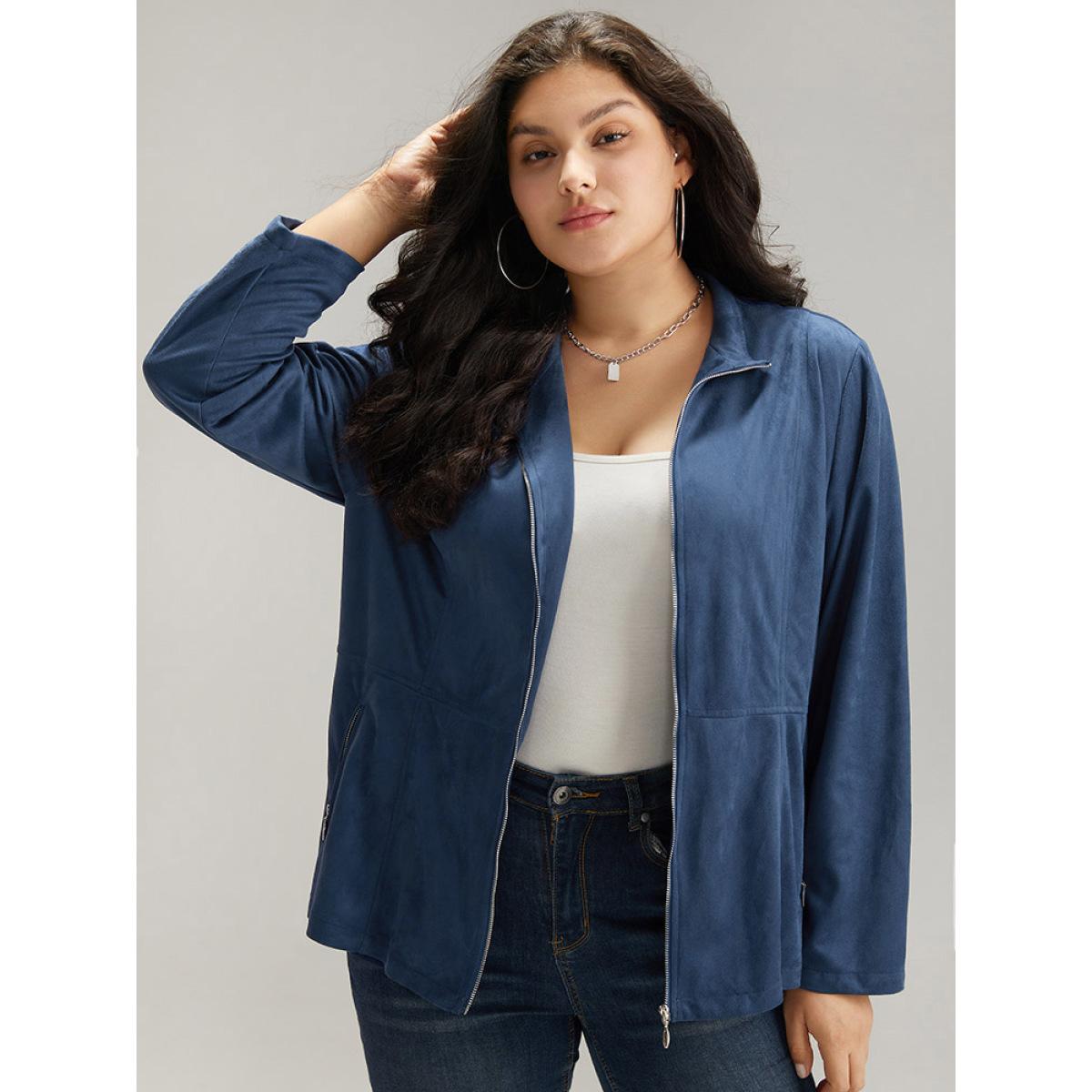 Plus Size Solid Pocket Zipper Jacket Women Indigo Plain Pocket Dailywear Jackets BloomChic 12/L Product Image