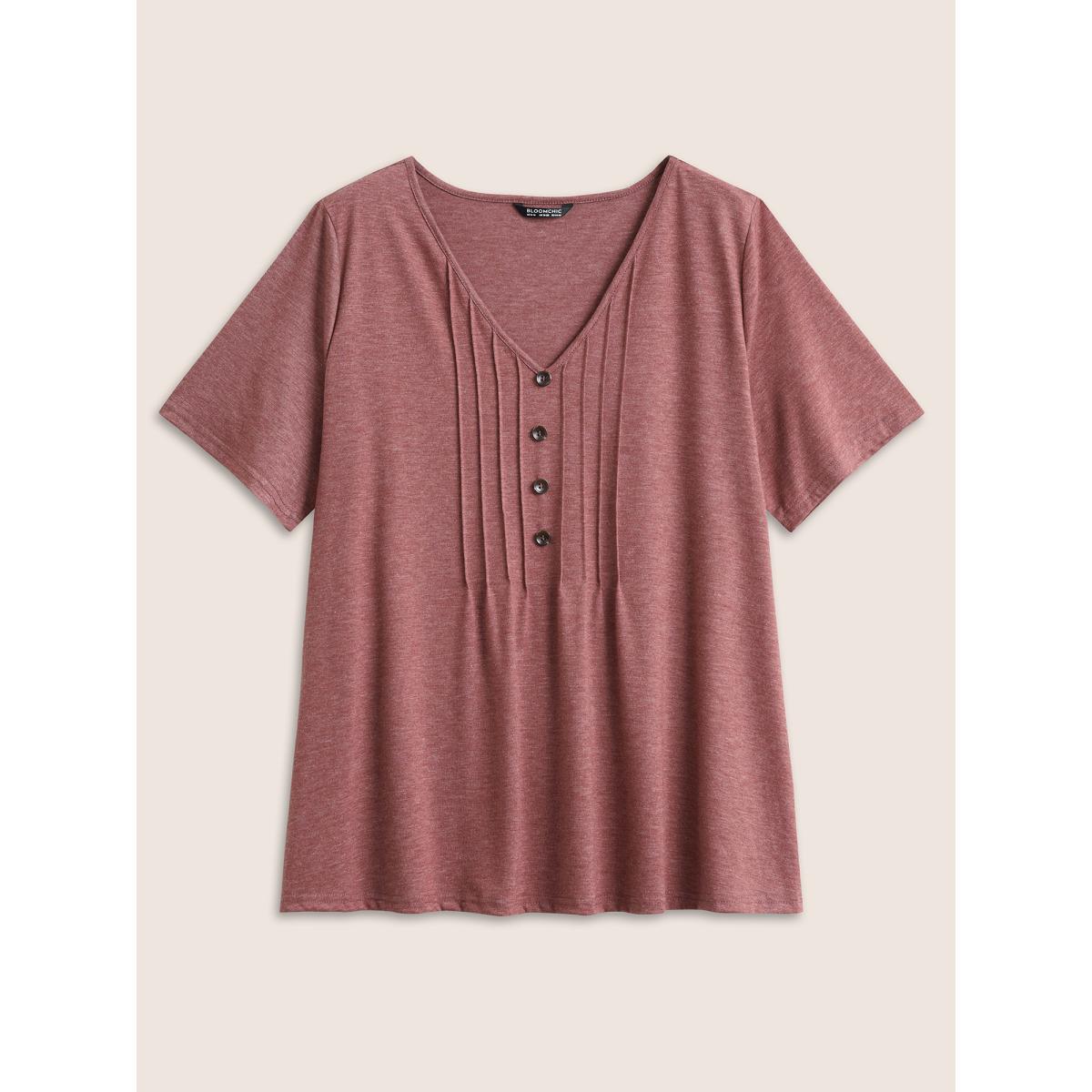 Plus Size Solid Pleated Front Button Detail V Neck T-shirt Russet Women Casual Button Plain Everyday T-shirts BloomChic 14-16/1X Product Image