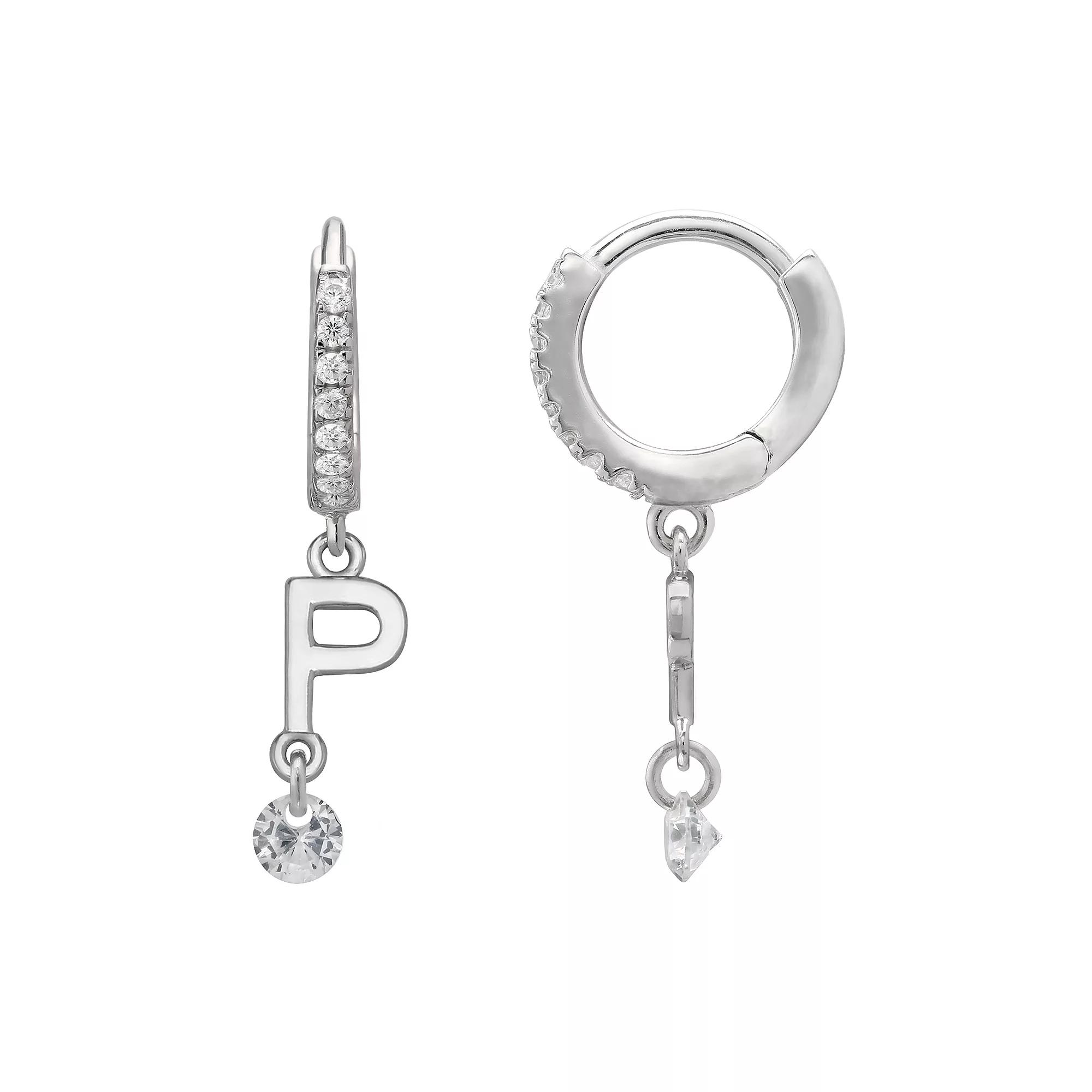 PRIMROSE Sterling Silver Initial Huggie Hoop Drop Earrings, Women's, Sterling Silver U Product Image