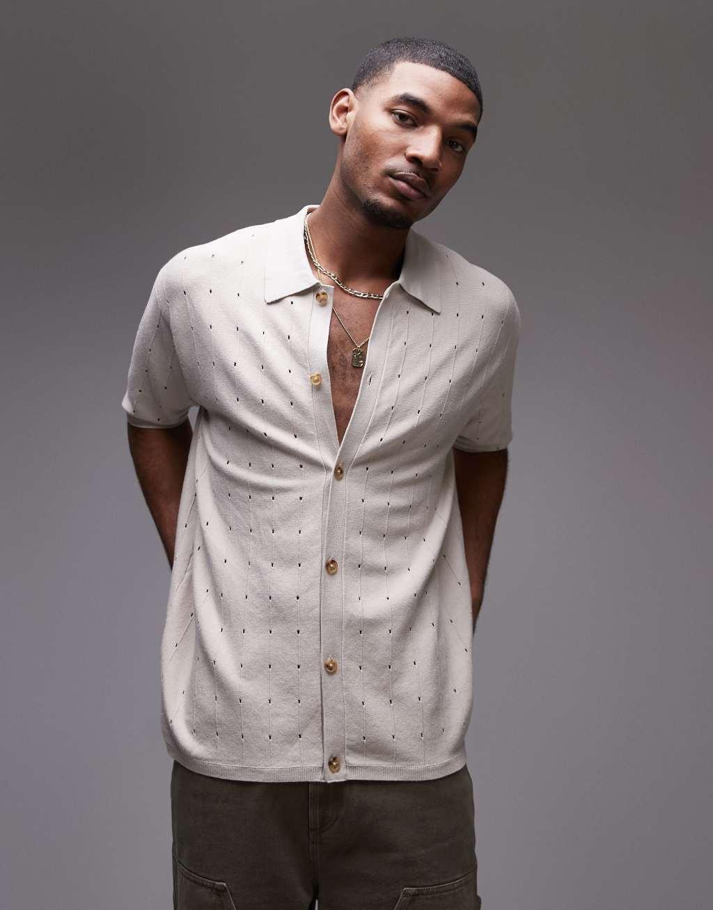 Topman pointelle knit polo shirt in stone Product Image