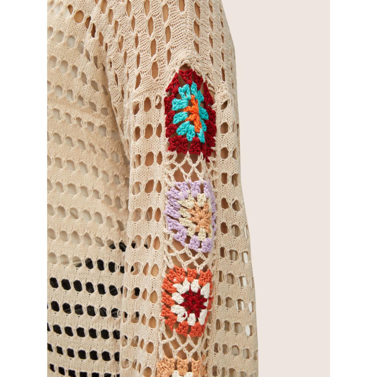 Plus Size Floral Crochet Pointelle Knit Pullover Apricot Women Resort Long Sleeve Round Neck Vacation Pullovers BloomChic 26/4X Product Image