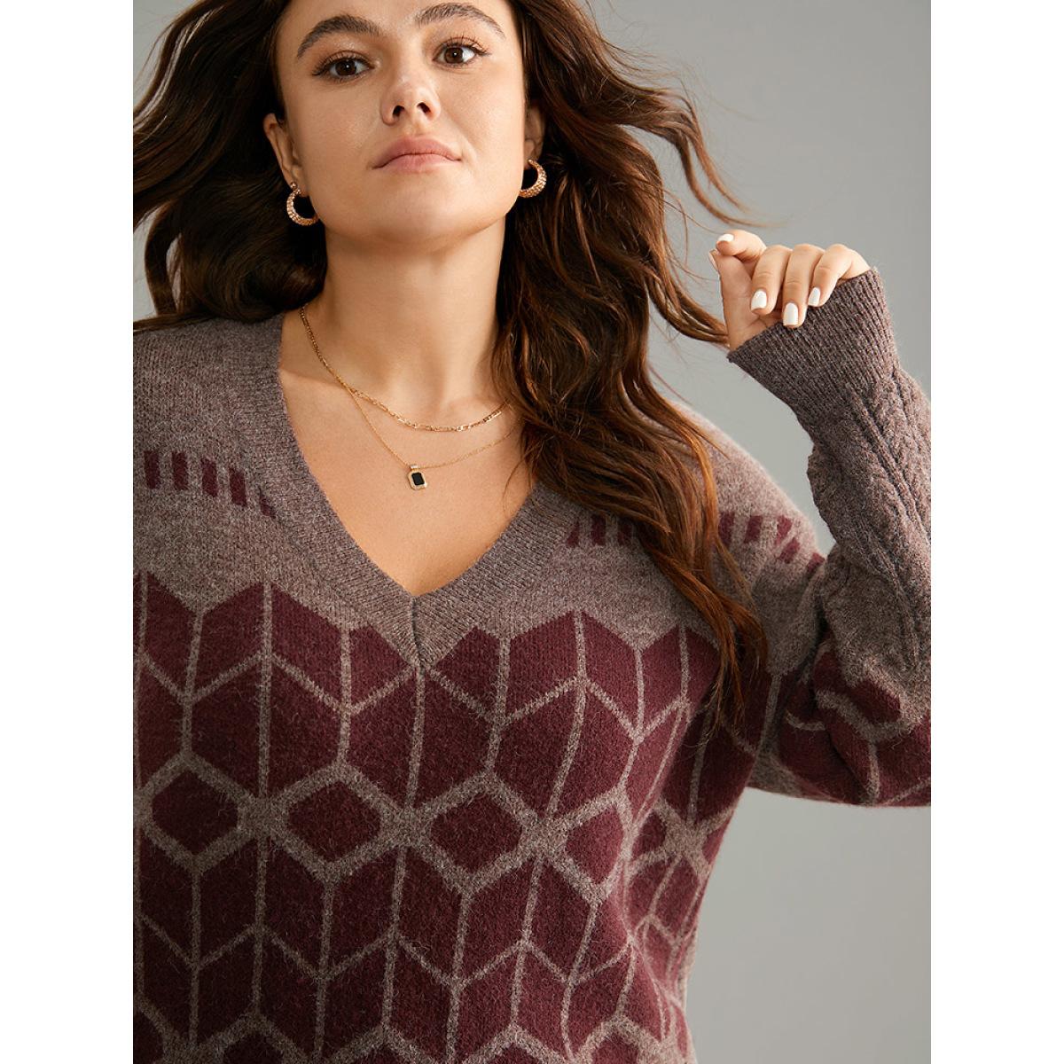 Plus Size Supersoft Essentials Geometric Knit Jacquard Pullover Burgundy Women Casual Loose Long Sleeve V-neck Dailywear Pullovers BloomChic 30/6X Product Image