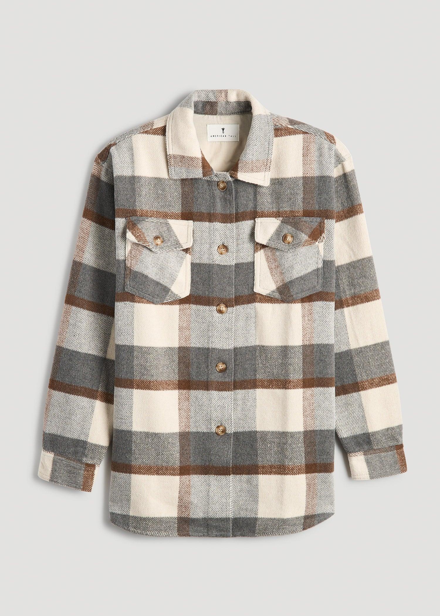 Flannel Shacket for Tall Women in Grey and Cream Plaid Female Product Image
