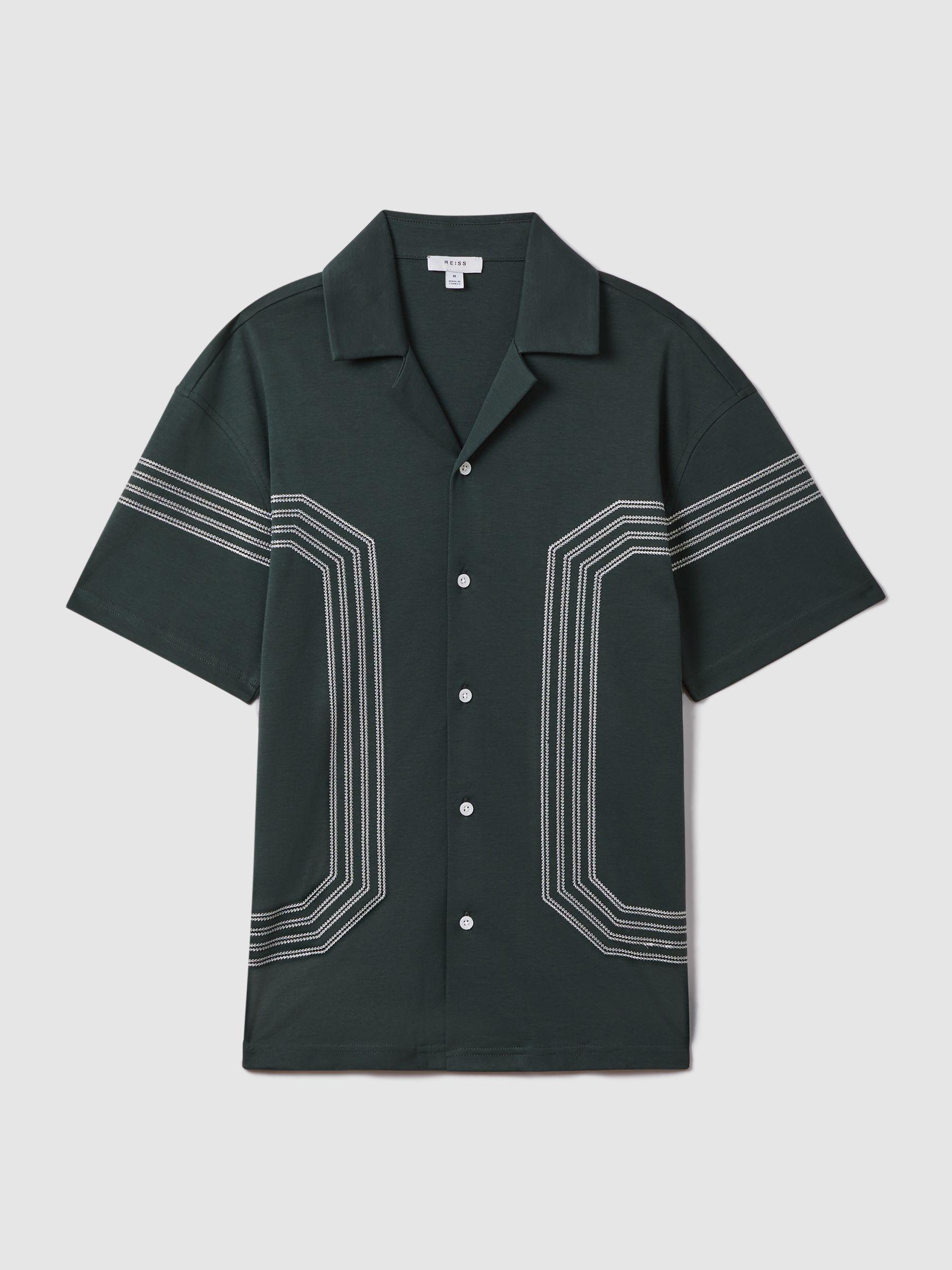 Mercerised Cotton Embroidered Cuban Collar Shirt in Emerald Product Image