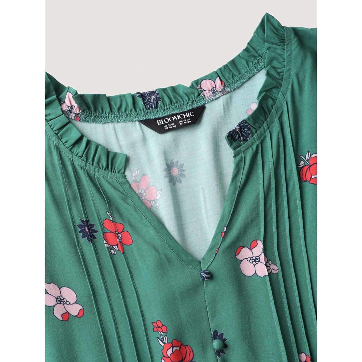 Plus Size Floral Pleated Notched Collar Midi Dress Emerald Women Flat collar with V-notch Short sleeve Curvy BloomChic 22-24/3X Product Image