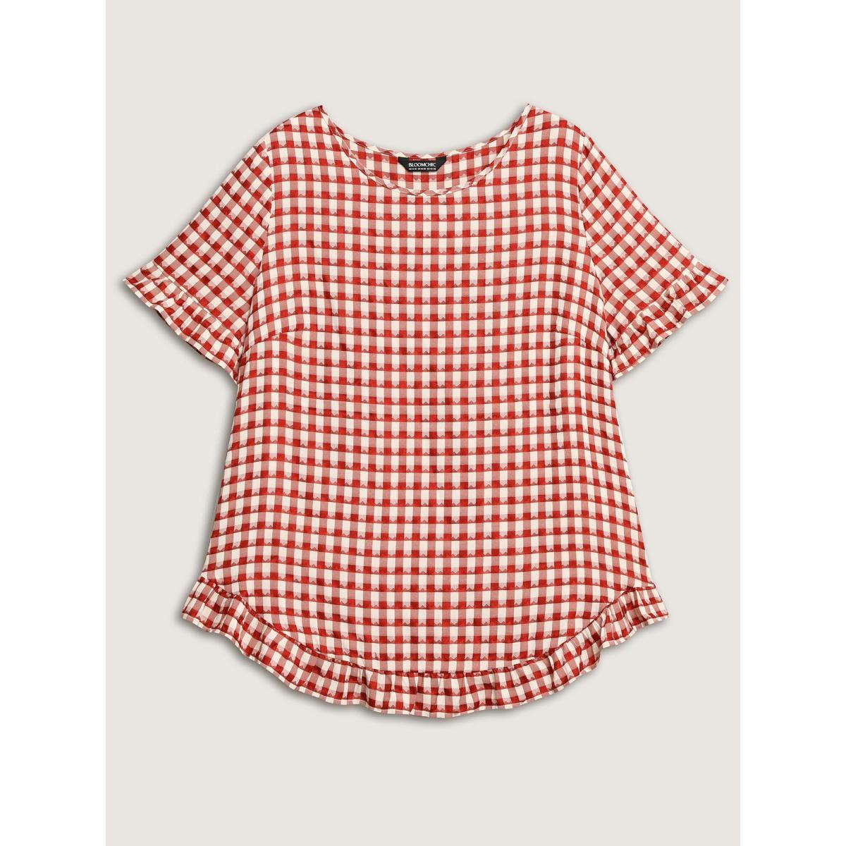 Plus Size Brightred Gingham Print Button Back Blouse Women Short sleeve Round Neck Everyday-Casual Blouses BloomChic 12/L Product Image