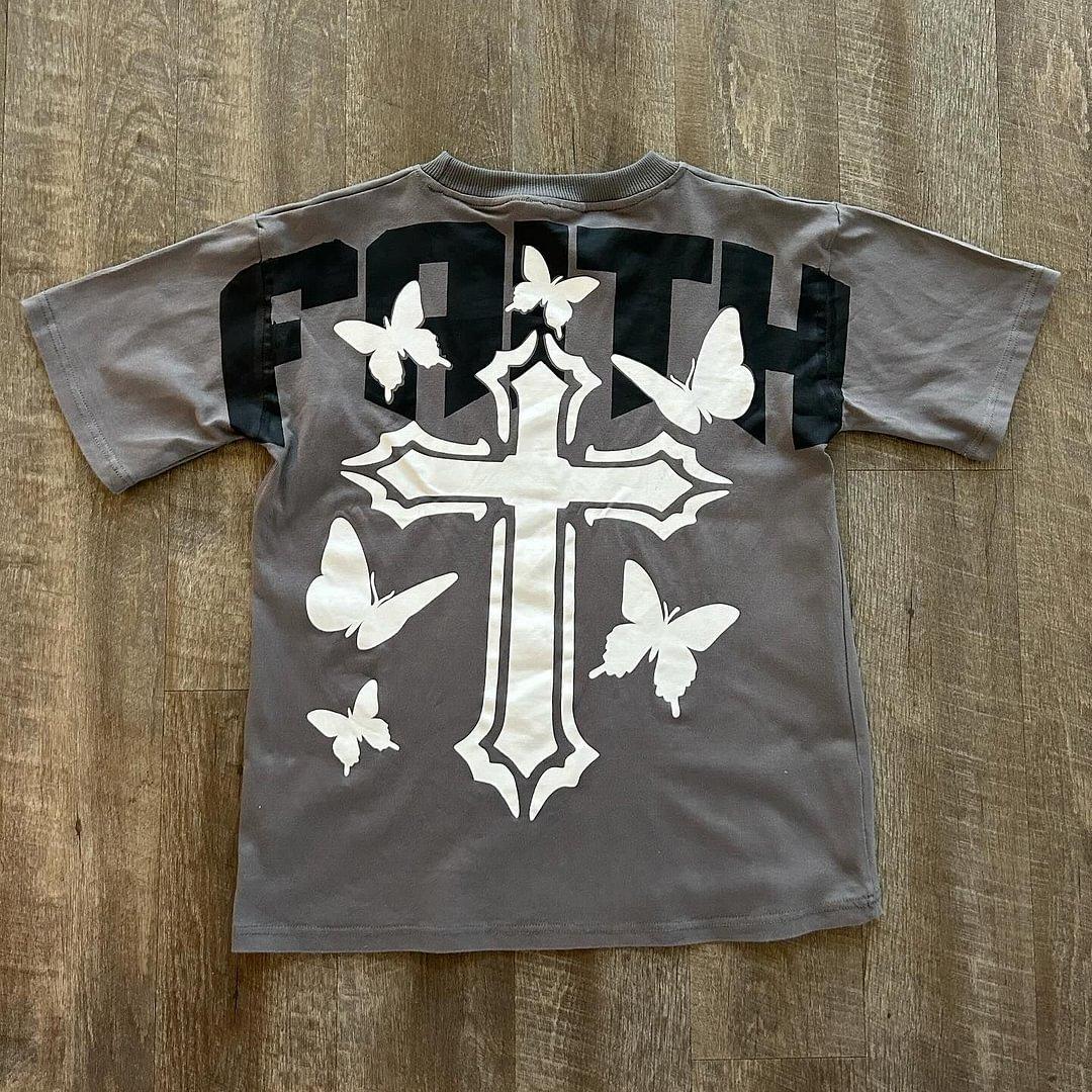 Men's Butterfly Faith Cross Vintage Graphic Cotton T-Shirt Product Image