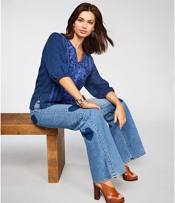 JOHNNY WAS Camille Embriordered Linen Split V-Neck 3/4 Puff Sleeve Blouse Product Image