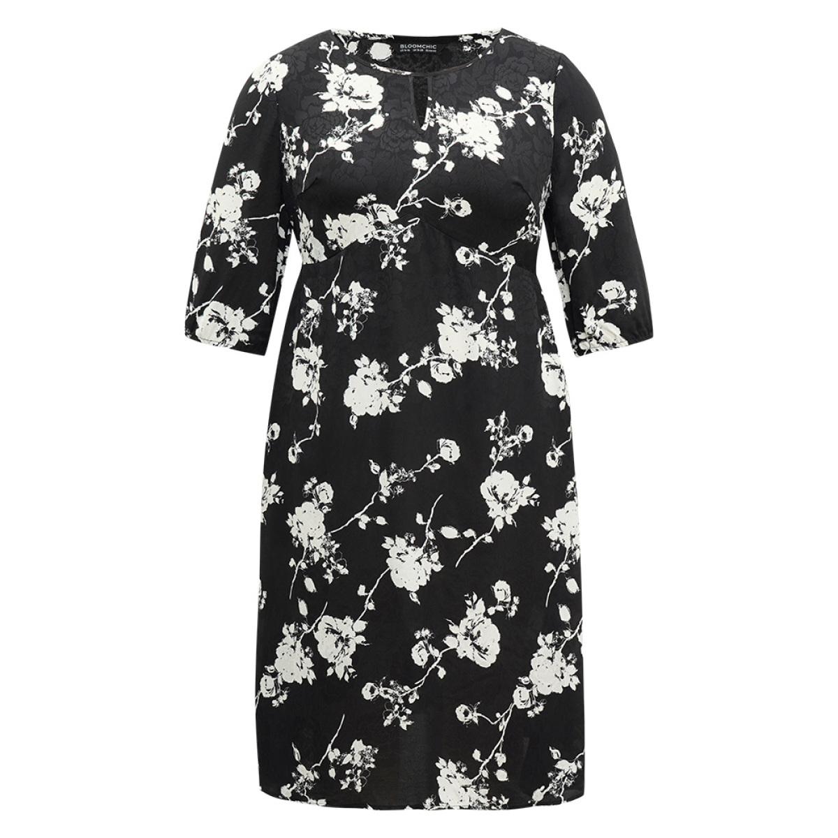 Plus Size Silhouette Floral Print Texture Keyhole Lantern Sleeve Dress Black Women Vacation Elastic cuffs Keyhole Cut-Out Elbow-length sleeve Curvy Midi Dress BloomChic 10/M Product Image
