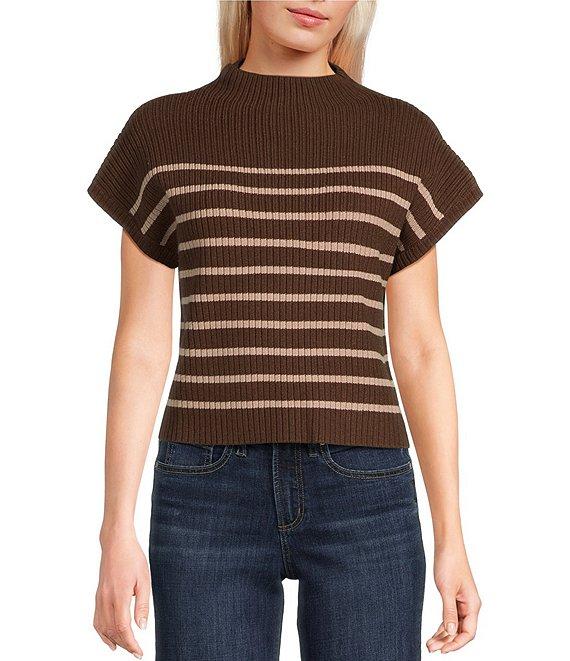 Blu Pepper Striped Mock Neck Dolman Short Sleeve Sweater Product Image