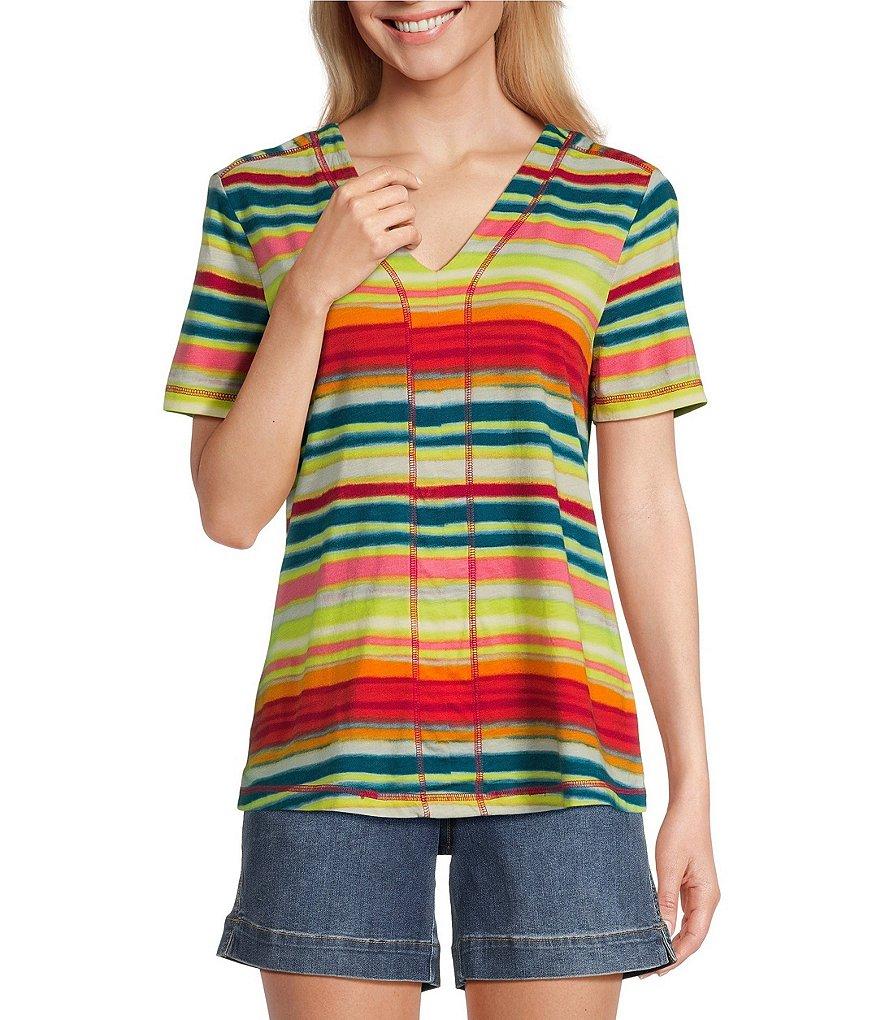 Westbound Shimmering Stripe Short Sleeve V-Neck Top Product Image