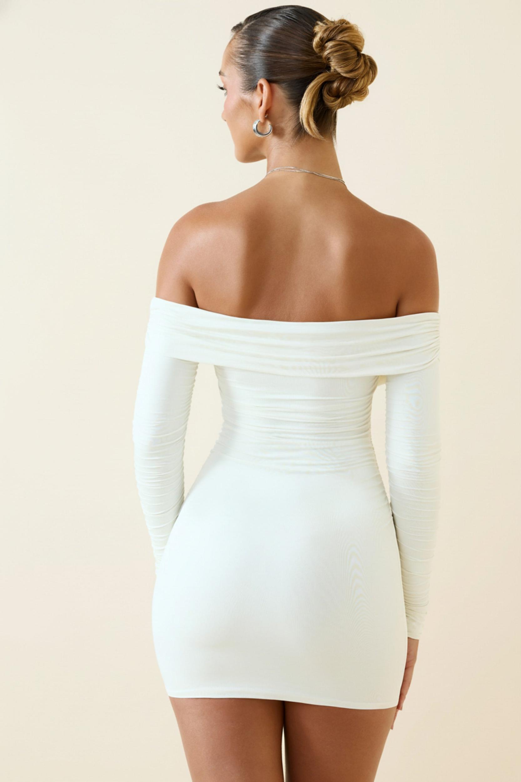 Off-Shoulder Ruched Bodycon Mini Dress in Vanilla Product Image