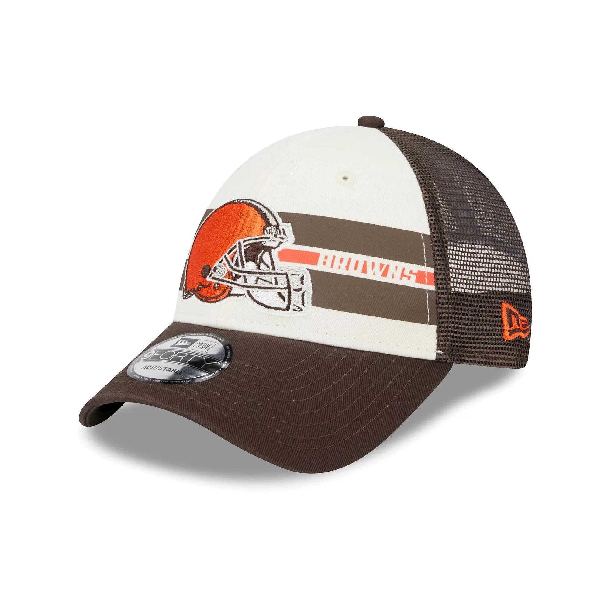 Men's New Era Cream/Brown Cleveland Browns Team Stripe Trucker 9FORTY Snapback Hat, Beige Product Image