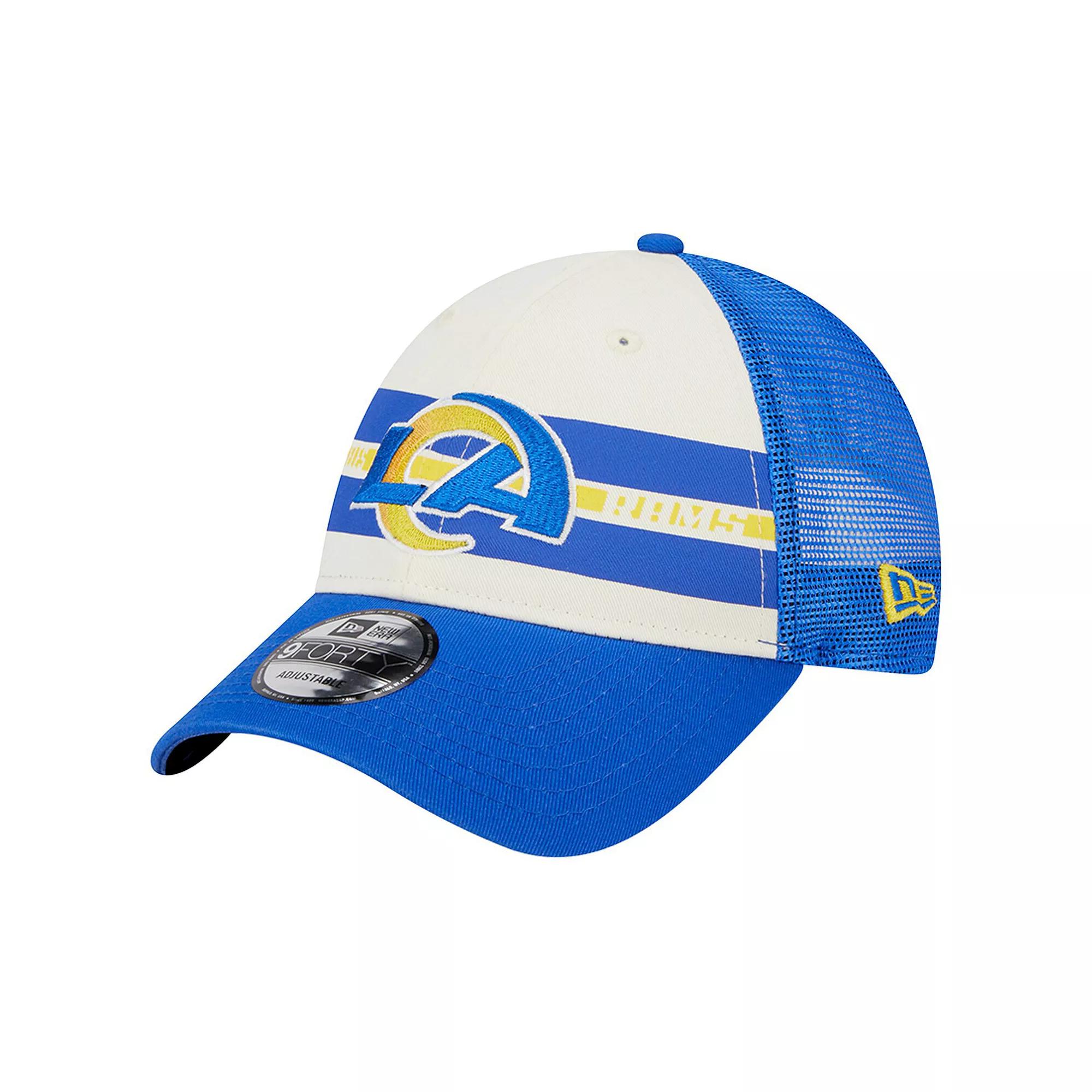 Men's New Era Cream/Navy New England Patriots Team Stripe Trucker 9FORTY Snapback Hat, Beige Product Image