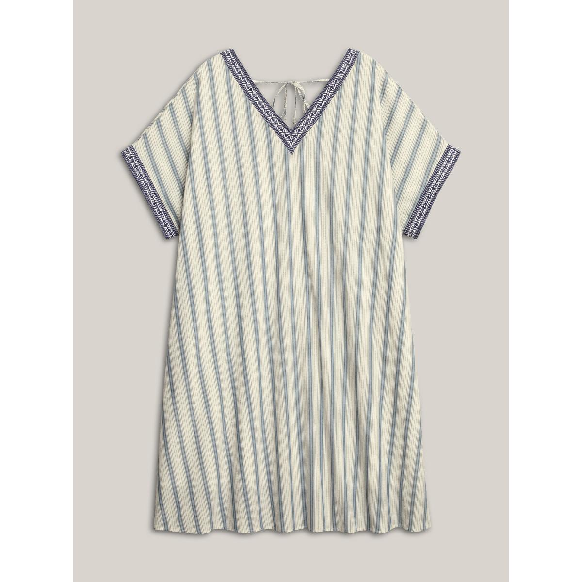 Plus Size Pure Cotton Stripe Print Pockets Midi Dress Ivory Women Resort V-neck Short sleeve Curvy BloomChic 26/4X Product Image