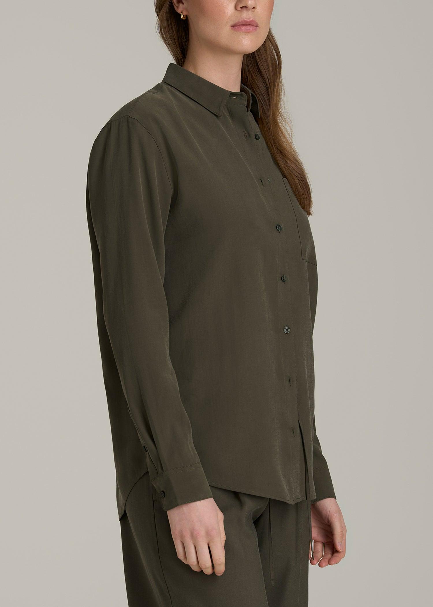 Relaxed Button-Up Single-Pocket Blouse for Tall Women in Forest Night Female Product Image