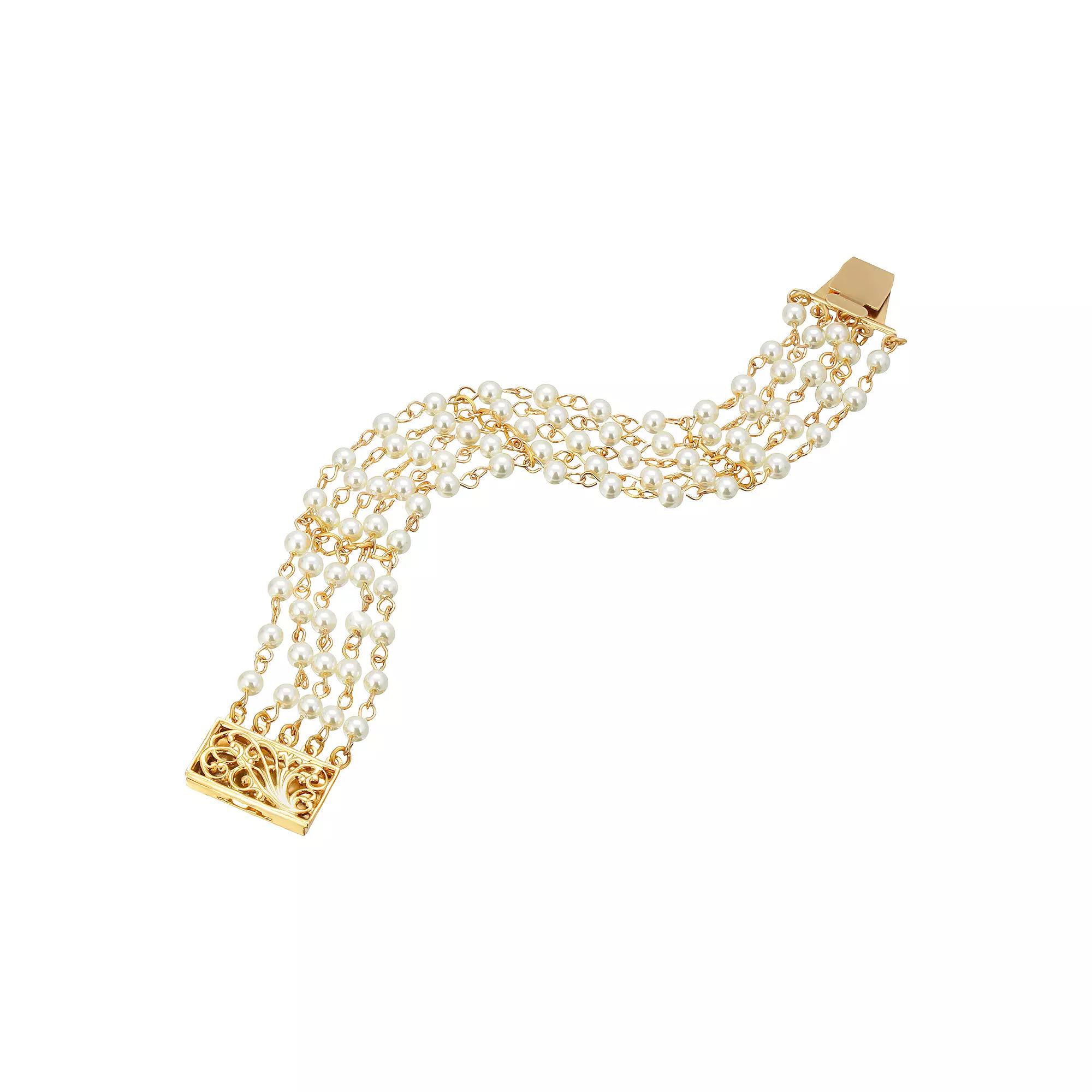 1928 Gold Tone Simulated Pearl Five Row Bracelet, Womens, White Product Image