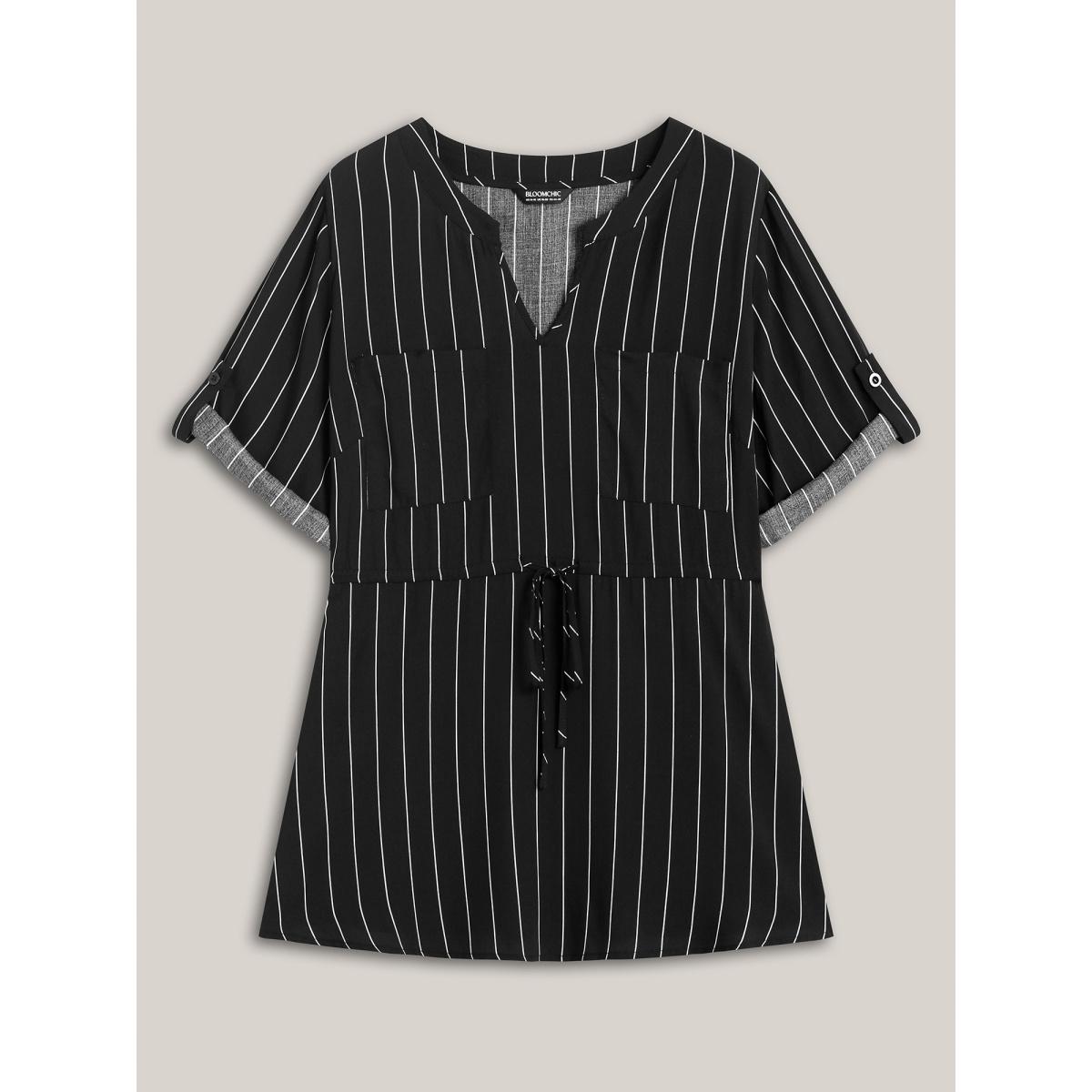 Plus Size Black Striped Waist-Tie Pockets Blouse Women Office Elbow-length sleeve Notched collar Office Blouses BloomChic 22-24/3X Product Image