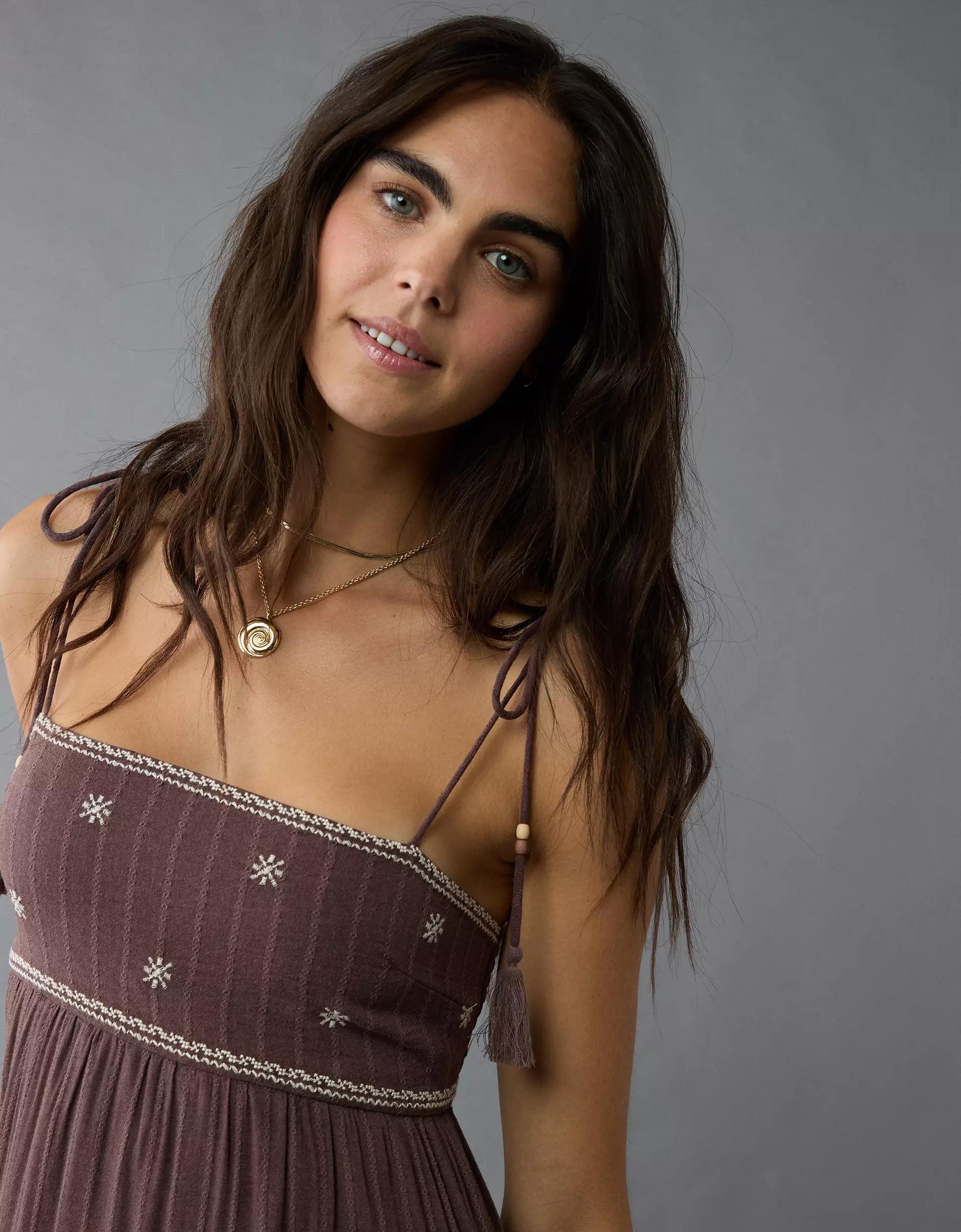 AE Empire Waist Embroidered Midi Dress Product Image