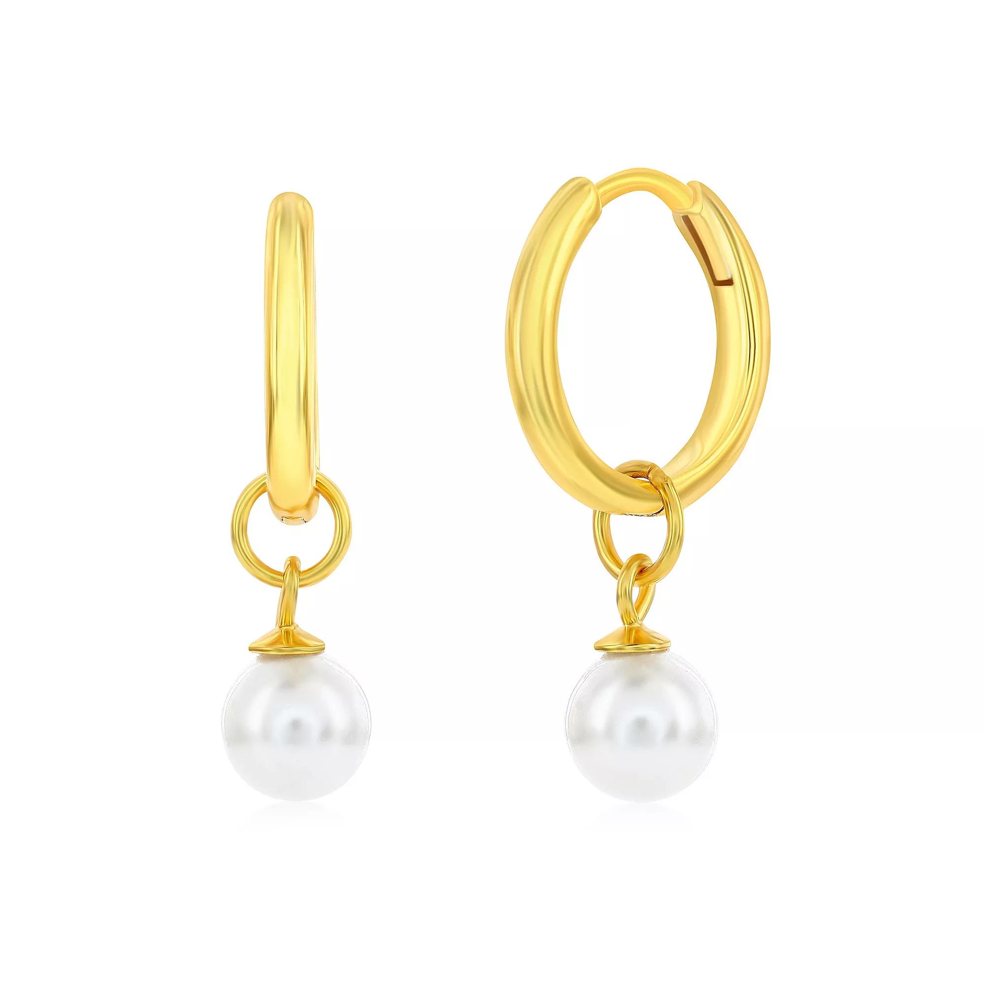 Argento Bella Gold Tone Sterling Silver Simulated Pearl Drop Hoop Earrings, Womens Product Image