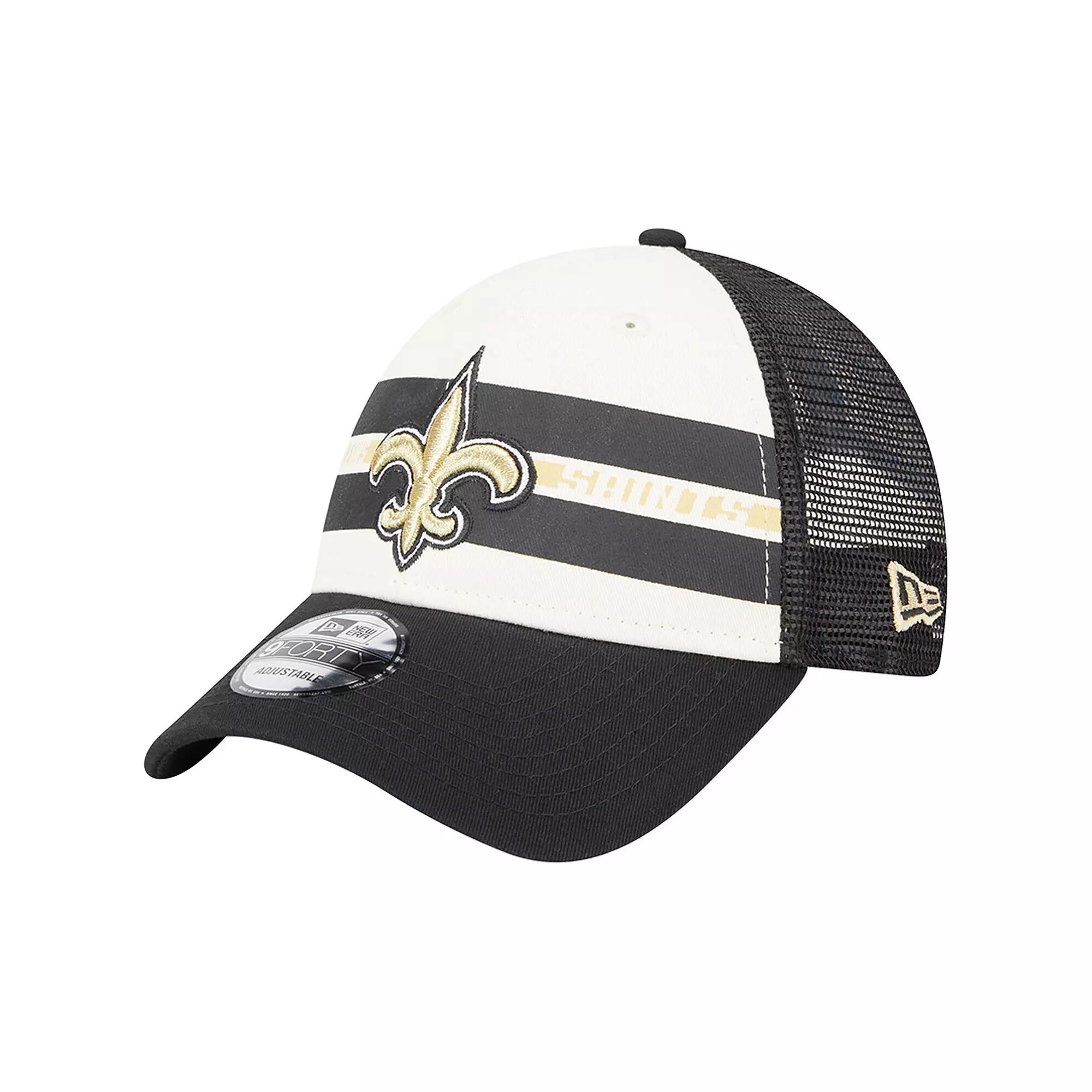 Men's New Era Cream/Black New Orleans Saints Team Stripe Trucker 9FORTY Snapback Hat, Beige Product Image
